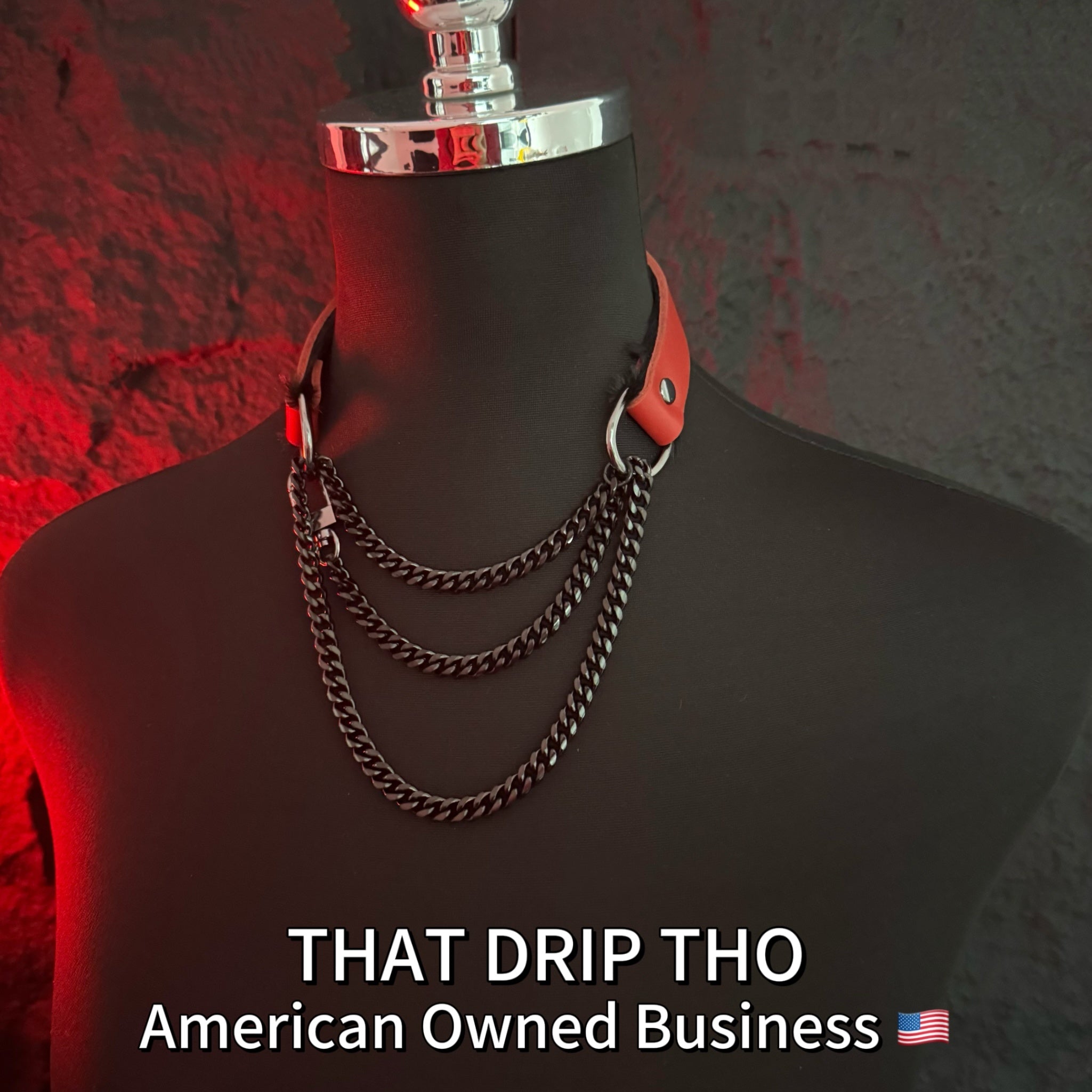 Luxe Chain (Fashion Layered Chain Leather Choker Necklace) (Red Leather with Soft Fur-Lining)