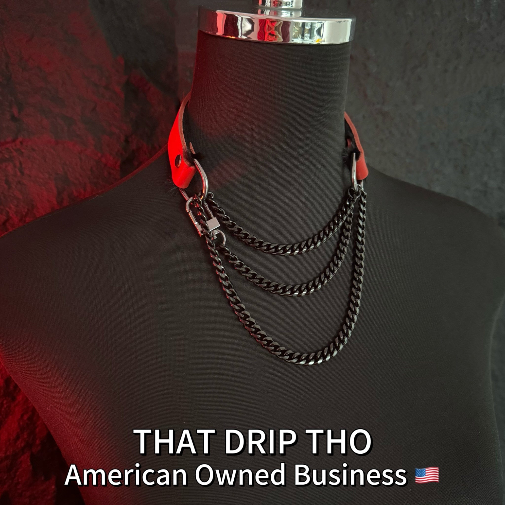 Luxe Chain (Fashion Layered Chain Leather Choker Necklace) (Red Leather with Soft Fur-Lining)