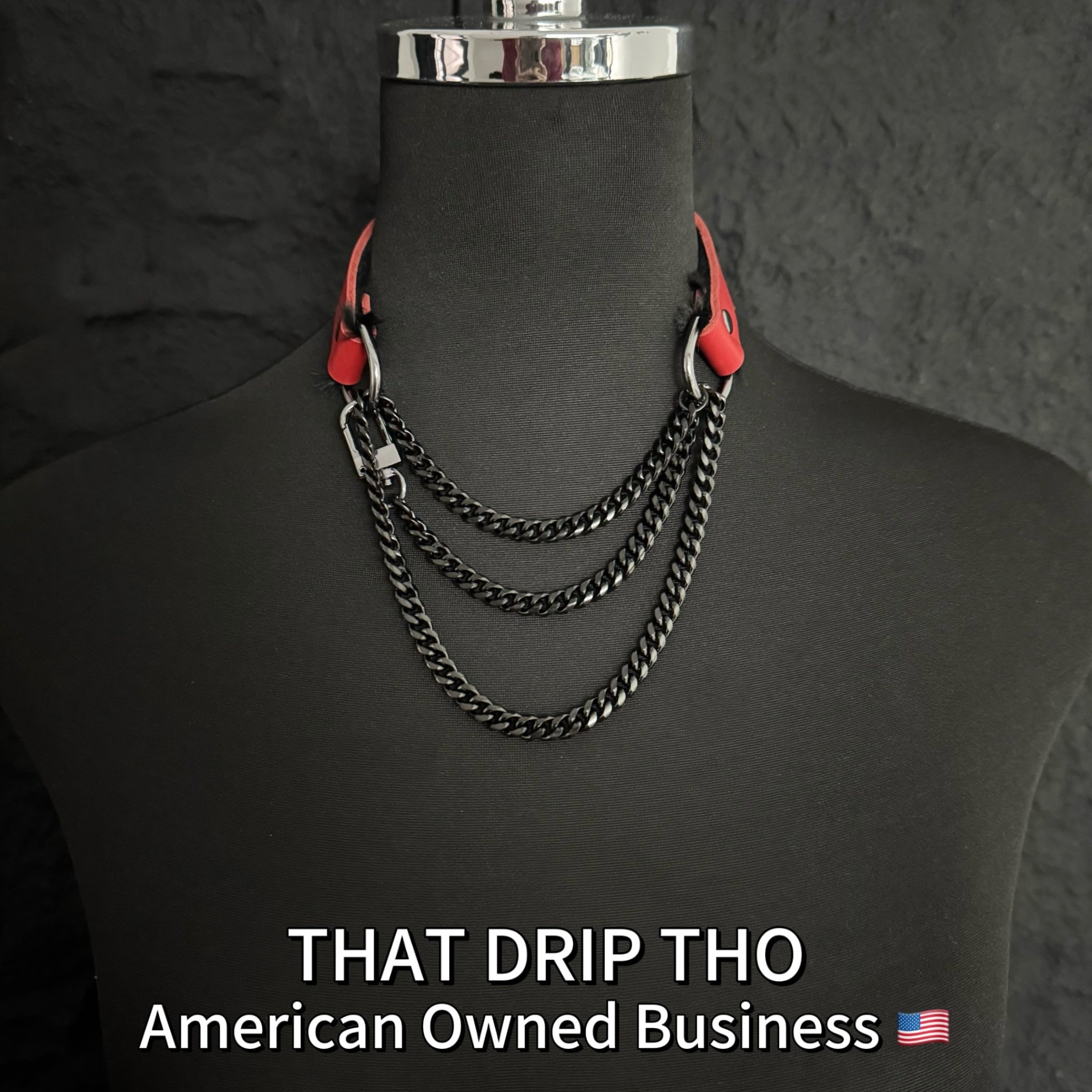Luxe Chain (Fashion Layered Chain Leather Choker Necklace) (Red Leather with Soft Fur-Lining)