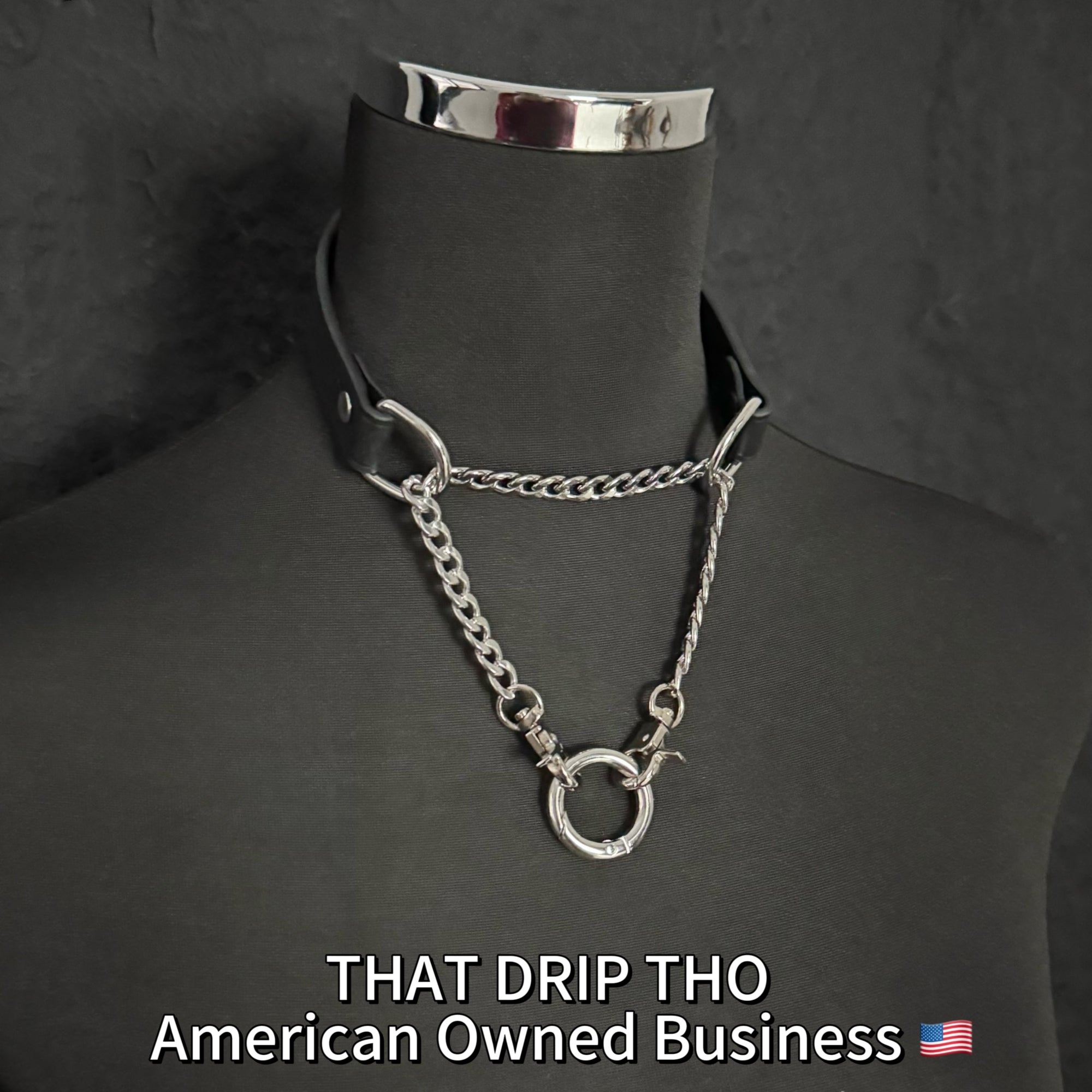 Luxe Chain (Versatile Leather Choker with Rings)(Black leather Silver Chian)