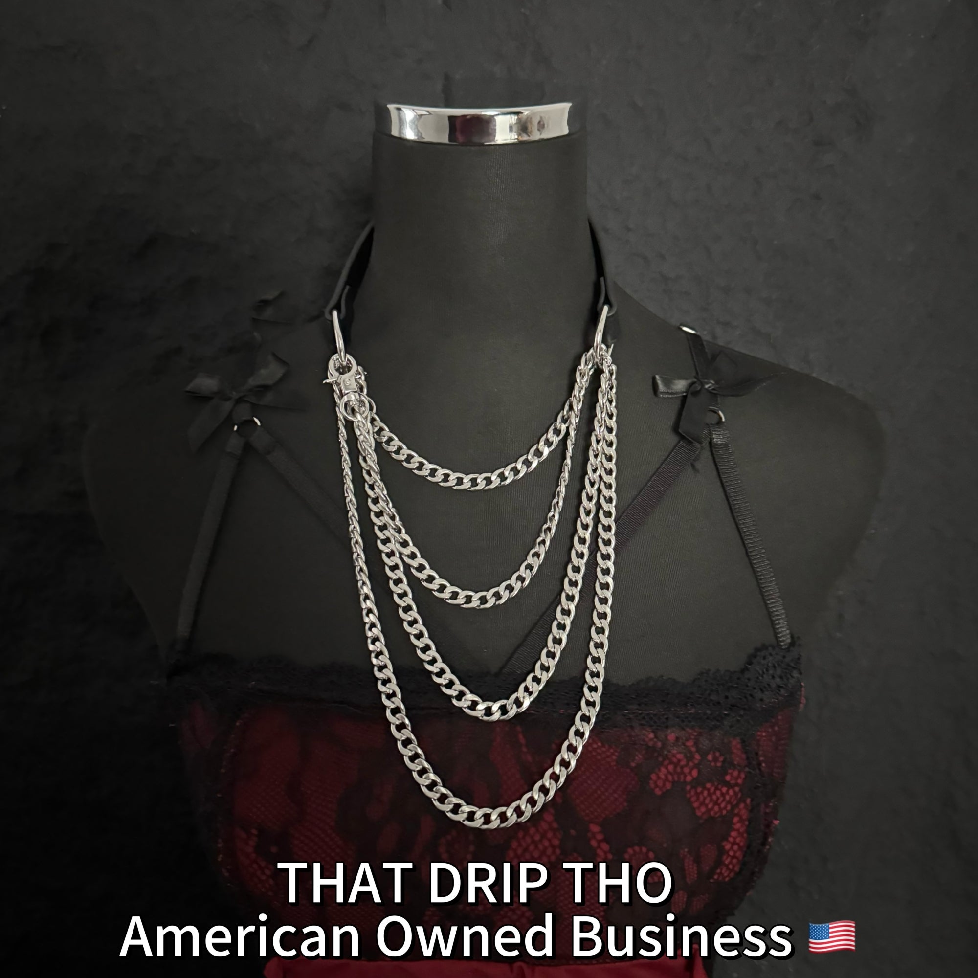Luxe Chain (Versatile Leather Choker with Rings)(Black leather Silver Chian)