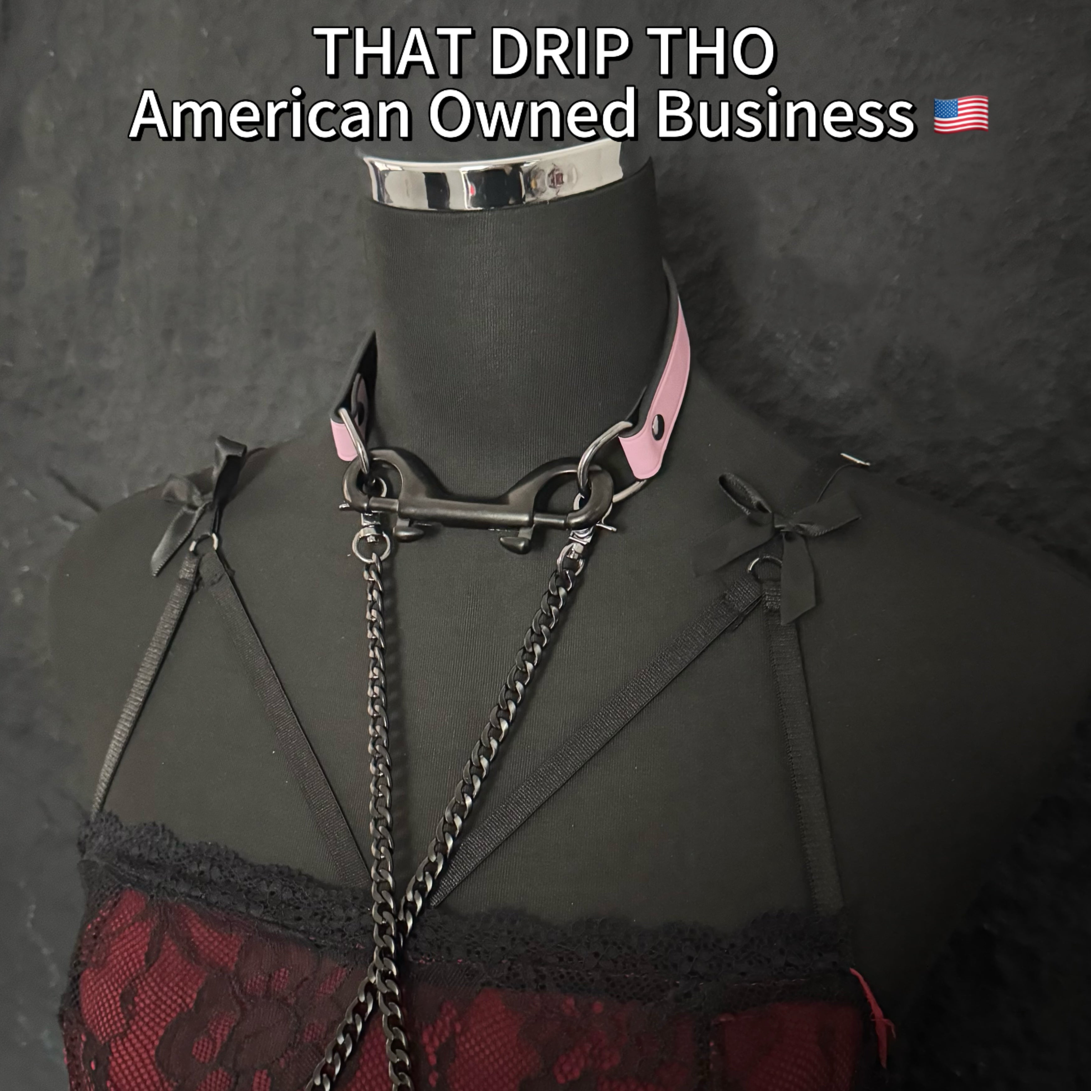 Luxe Chain (Versatile Leather Choker with Rings)( Pink Leather Black Chain)