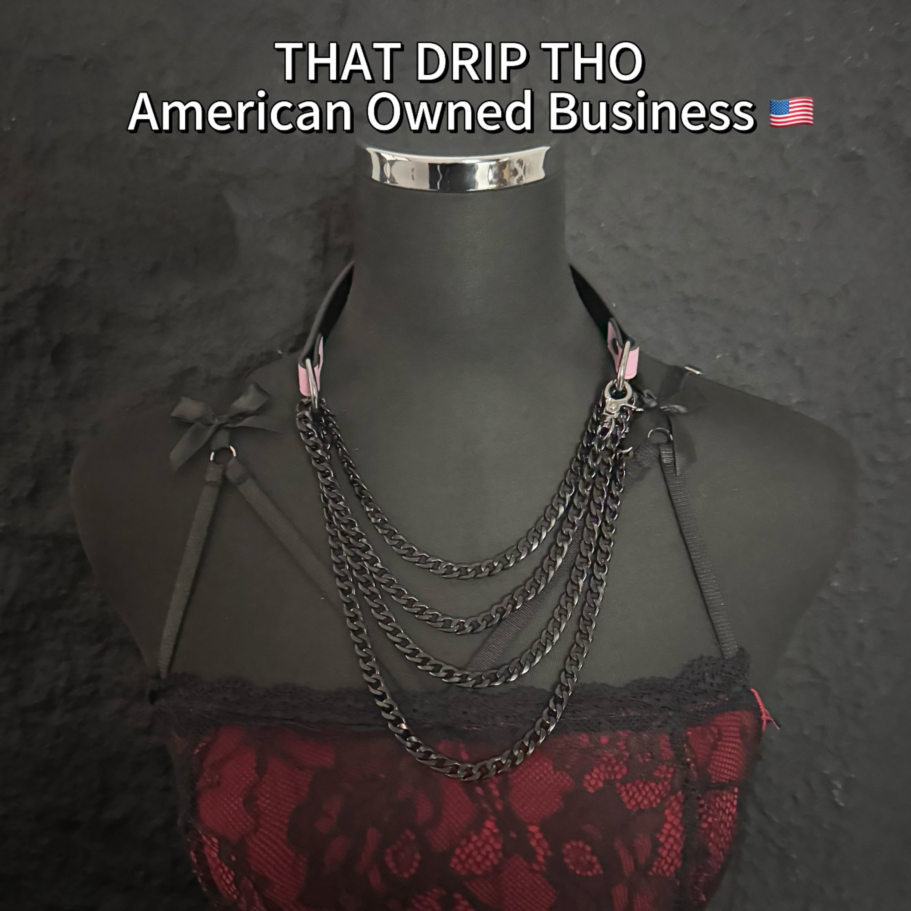 Luxe Chain (Versatile Leather Choker with Rings)( Pink Leather Black Chain)