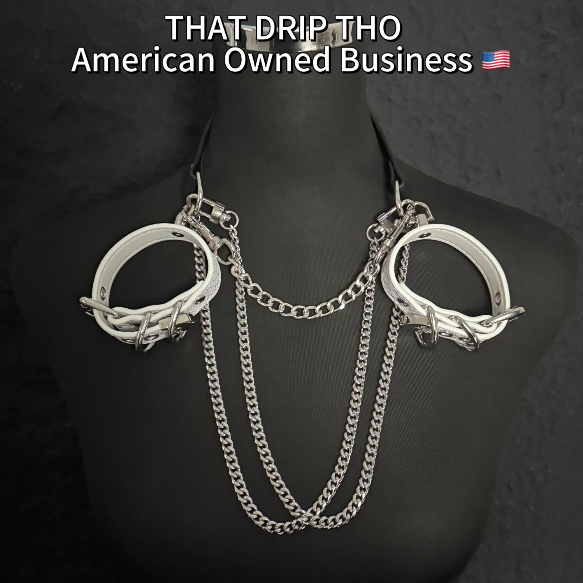 Luxe Chain (Premium Double Layered Chains Leather Choker) (Black Leather Silver Chain- White Cuff Set Combination)
