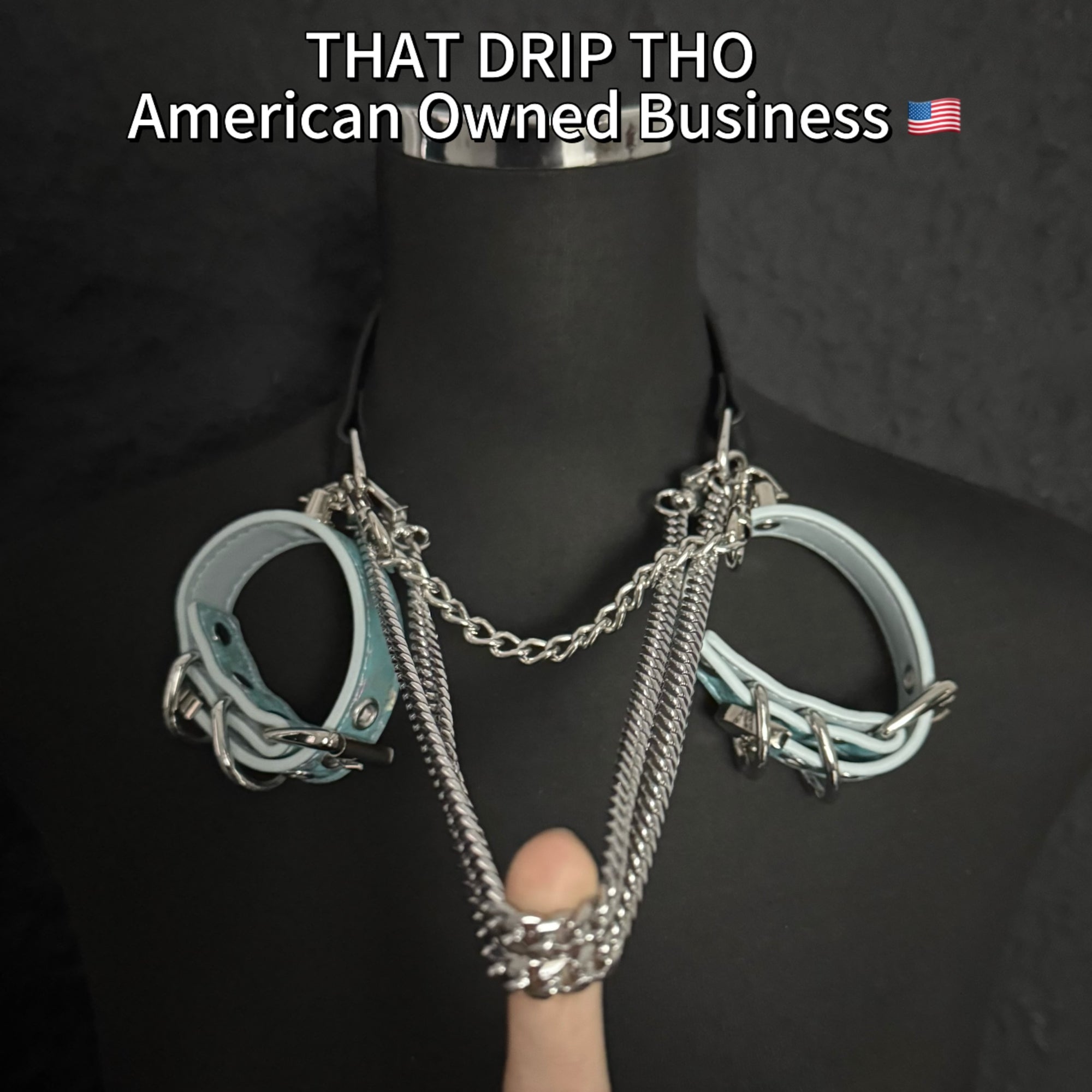 Luxe Chain (Premium Double Layered Chains Leather Choker) (Black Leather Silver Chain-Blue Cuff Set Combination)
