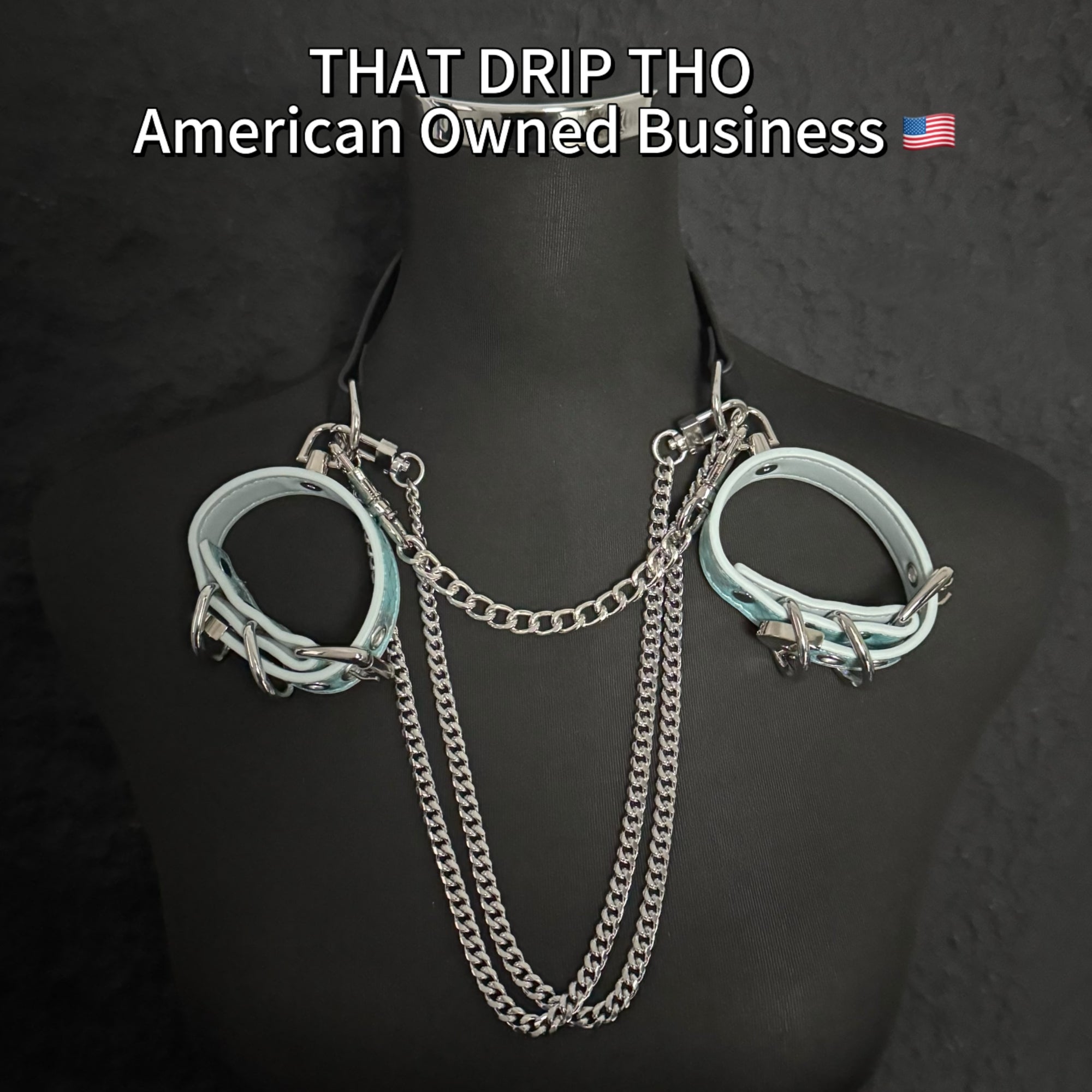 Luxe Chain (Premium Double Layered Chains Leather Choker) (Black Leather Silver Chain-Blue Cuff Set Combination)