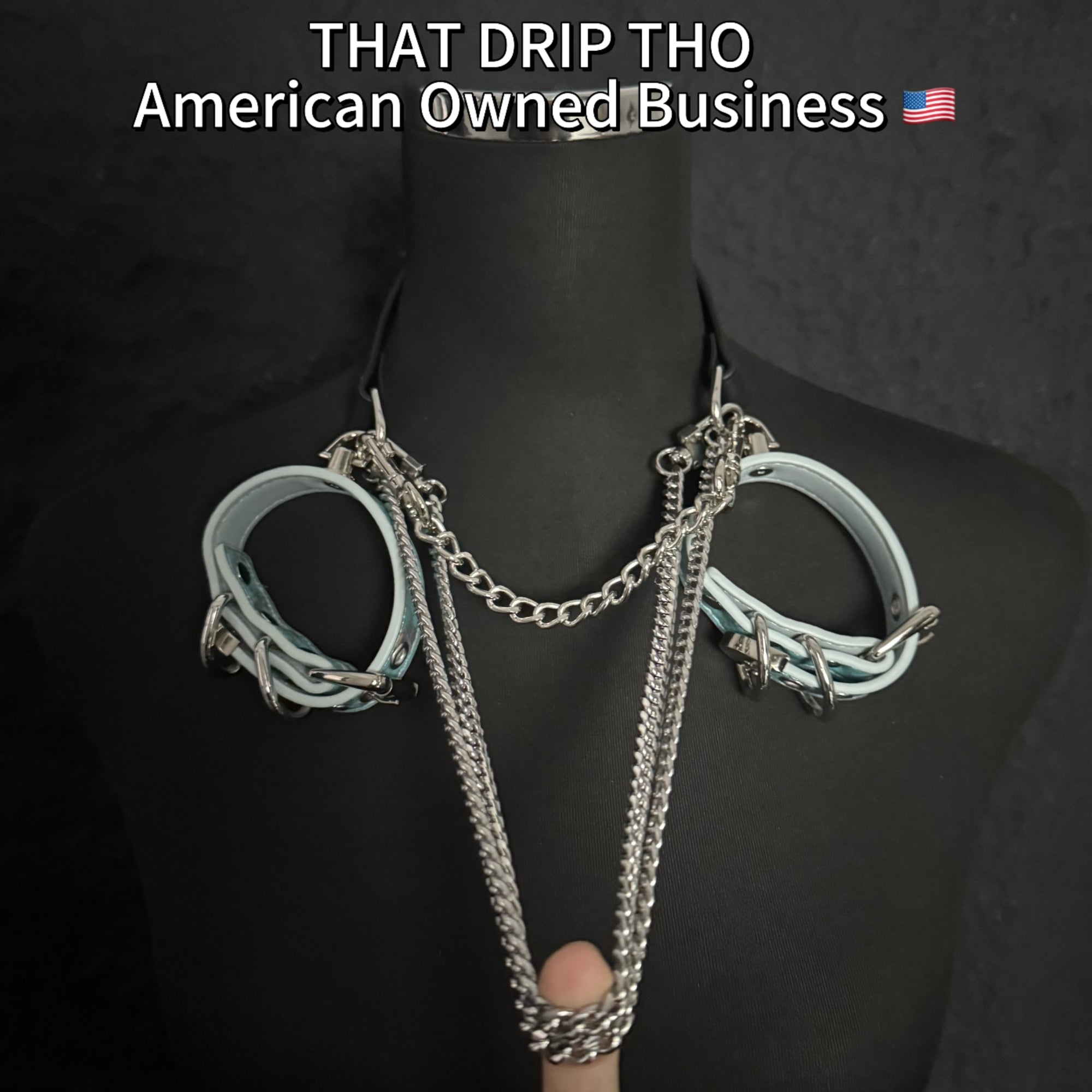 Luxe Chain (Premium Double Layered Chains Leather Choker) (Black Leather Silver Chain-Blue Cuff Set Combination)