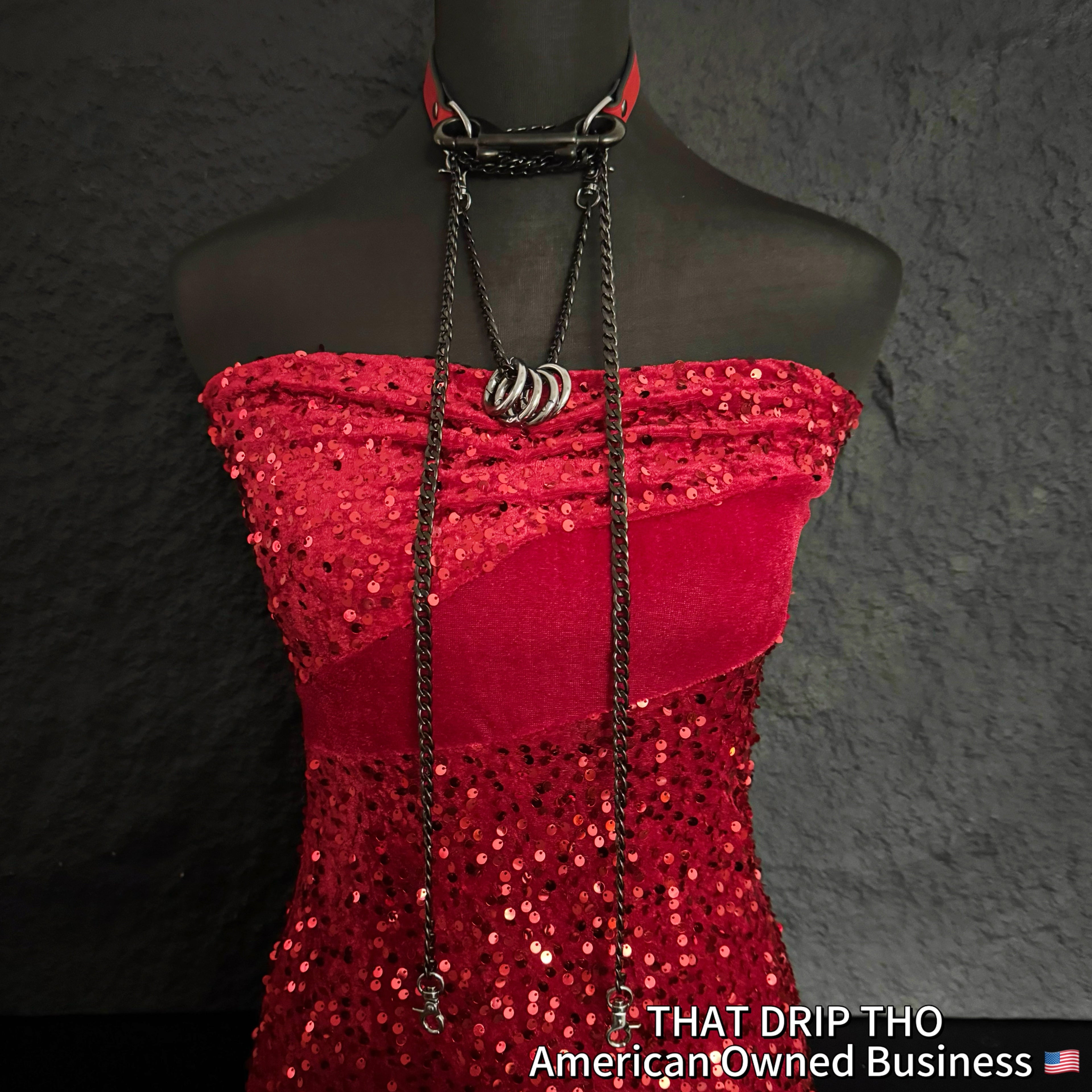 Luxe Chain (Versatile Leather Choker with Rings)( Red Leather Black Chain)