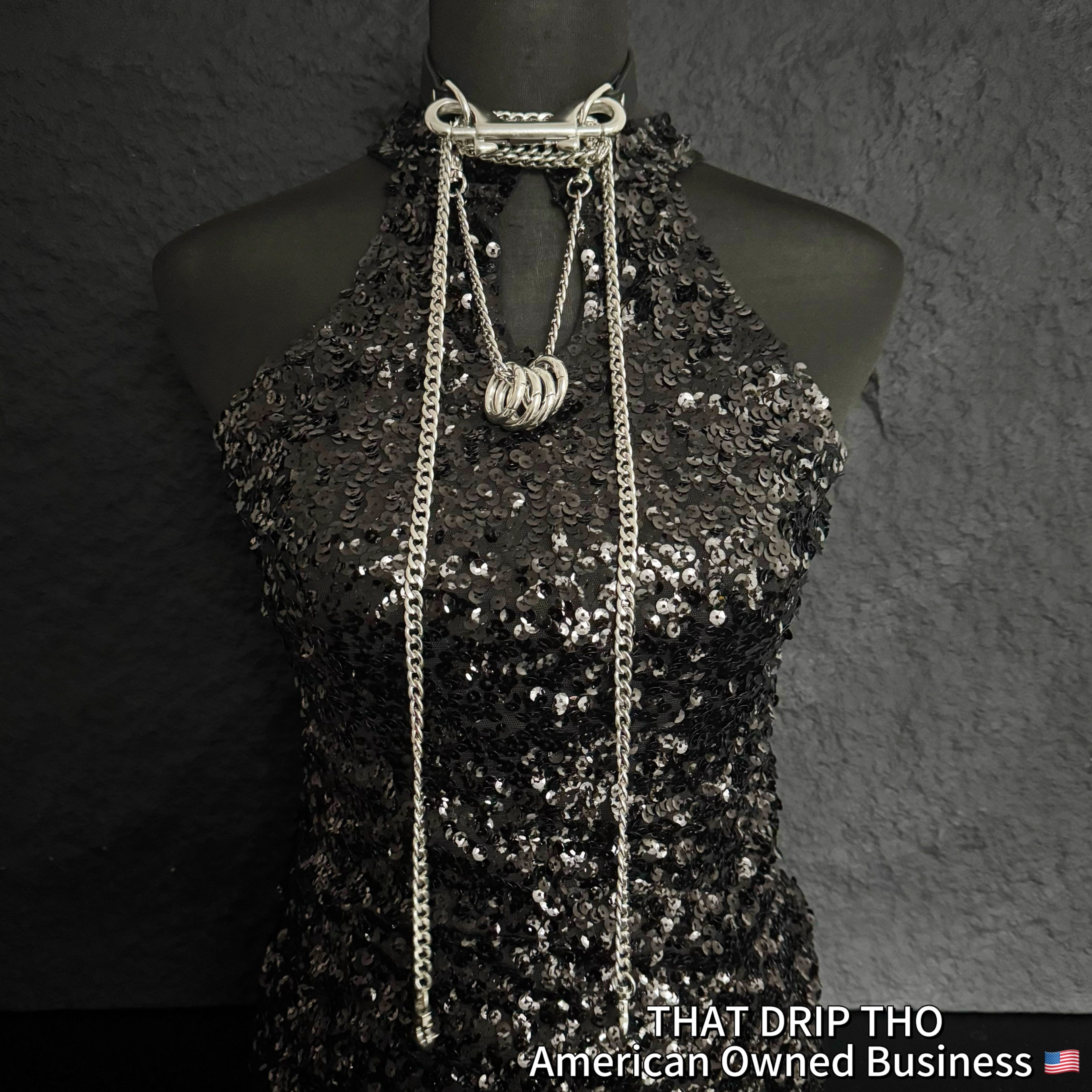 Luxe Chain (Versatile Leather Choker with Rings)(Black leather Silver Chian)