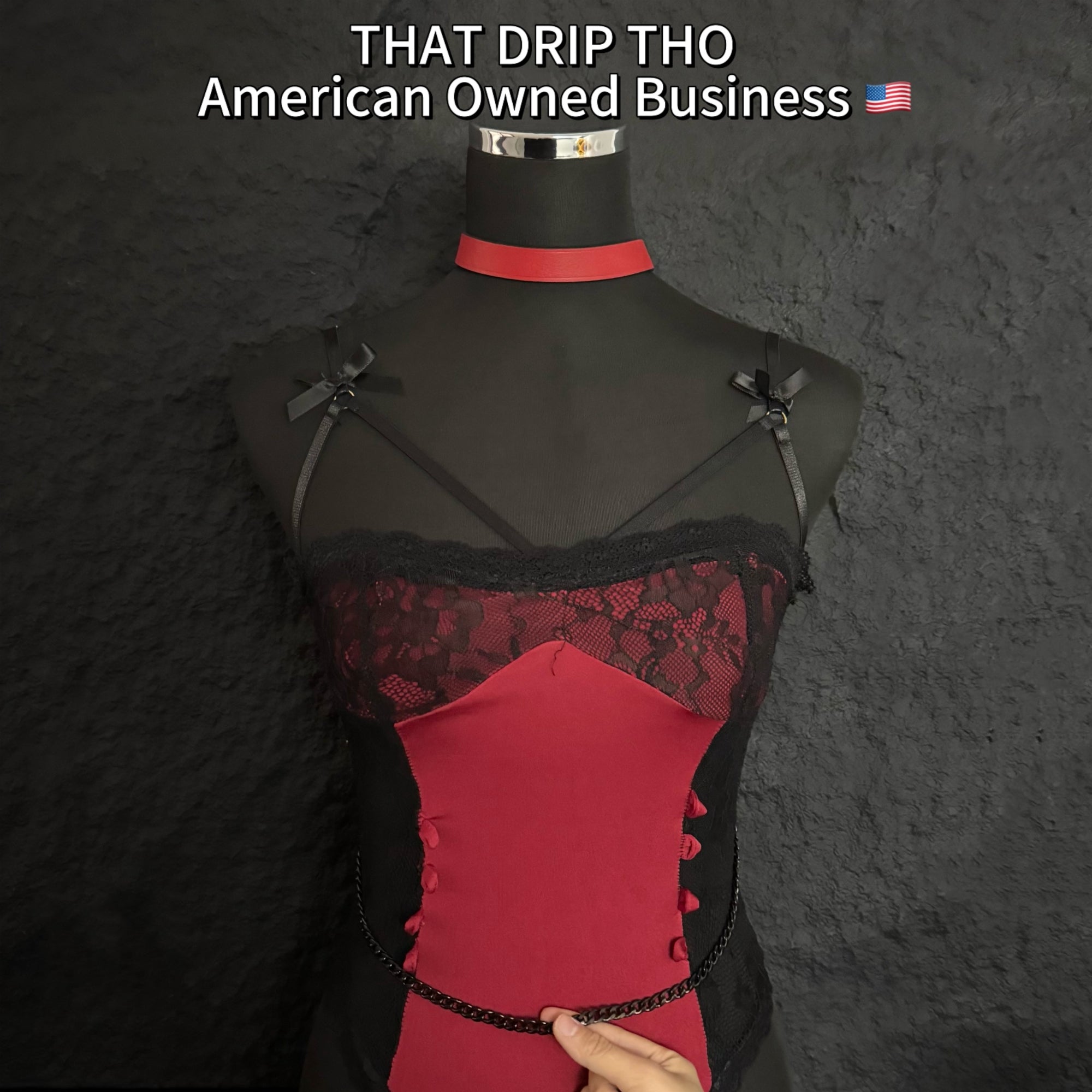 Luxe Chain (Versatile Leather Choker with Rings)( Red Leather Black Chain)