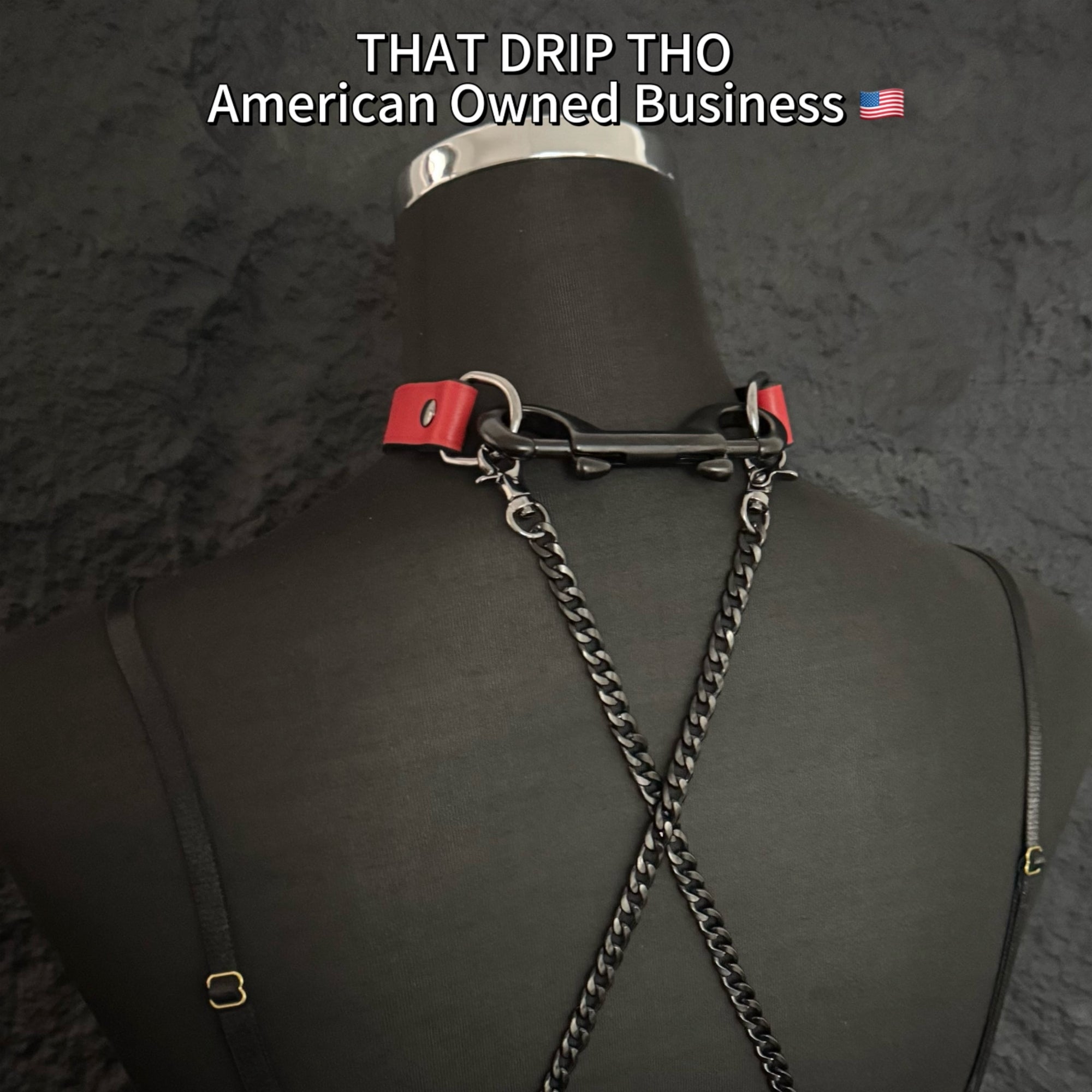 Luxe Chain (Versatile Leather Choker with Rings)( Red Leather Black Chain)