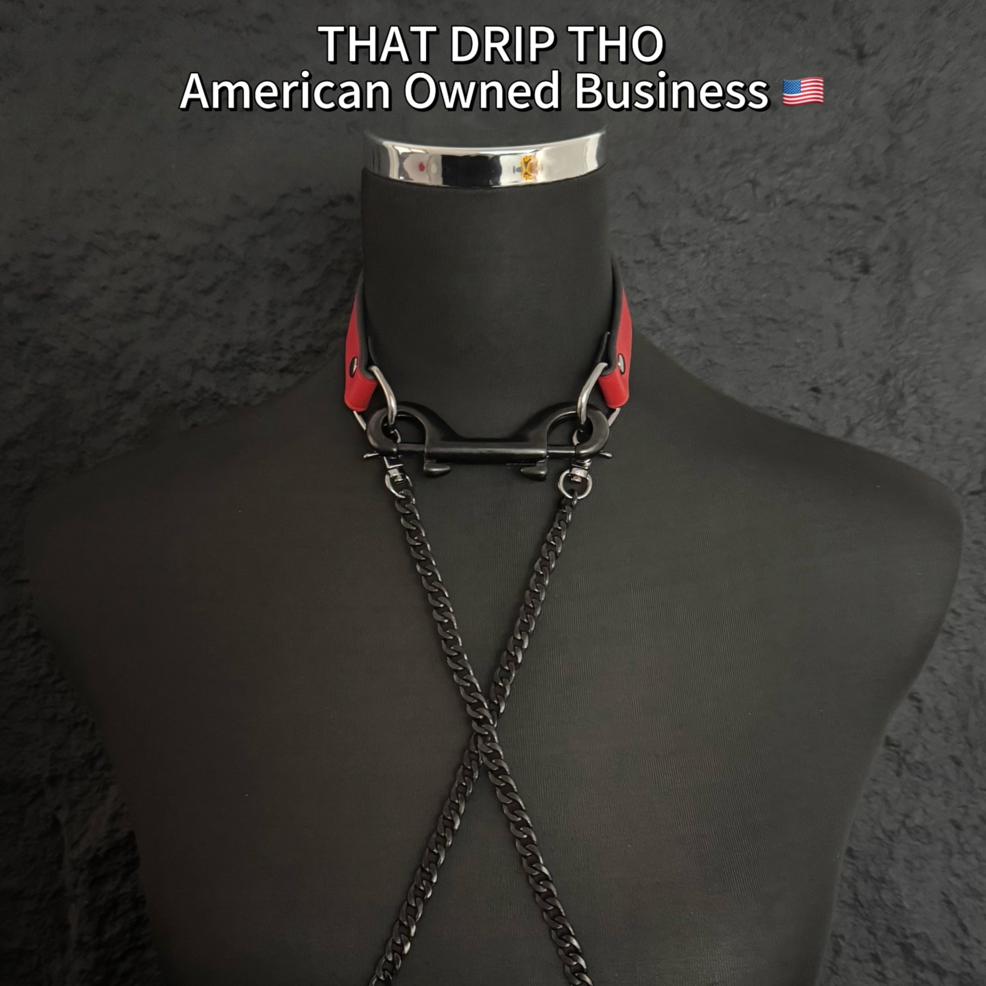 Luxe Chain (Versatile Leather Choker with Rings)( Red Leather Black Chain)