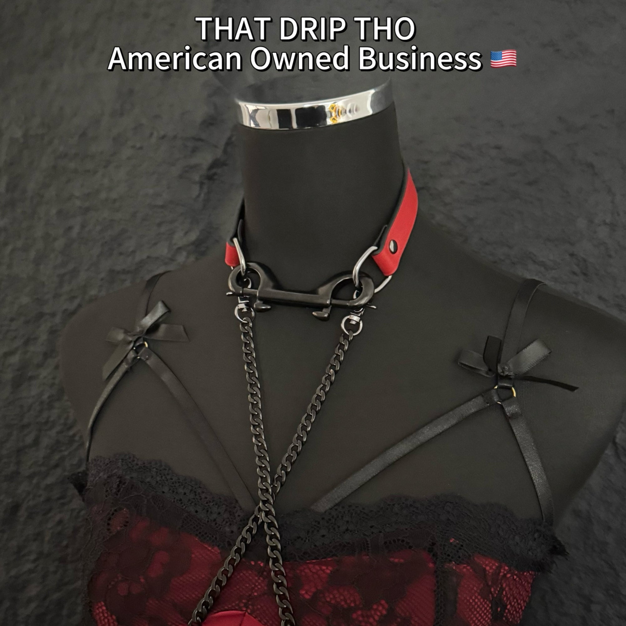 Luxe Chain (Versatile Leather Choker with Rings)( Red Leather Black Chain)