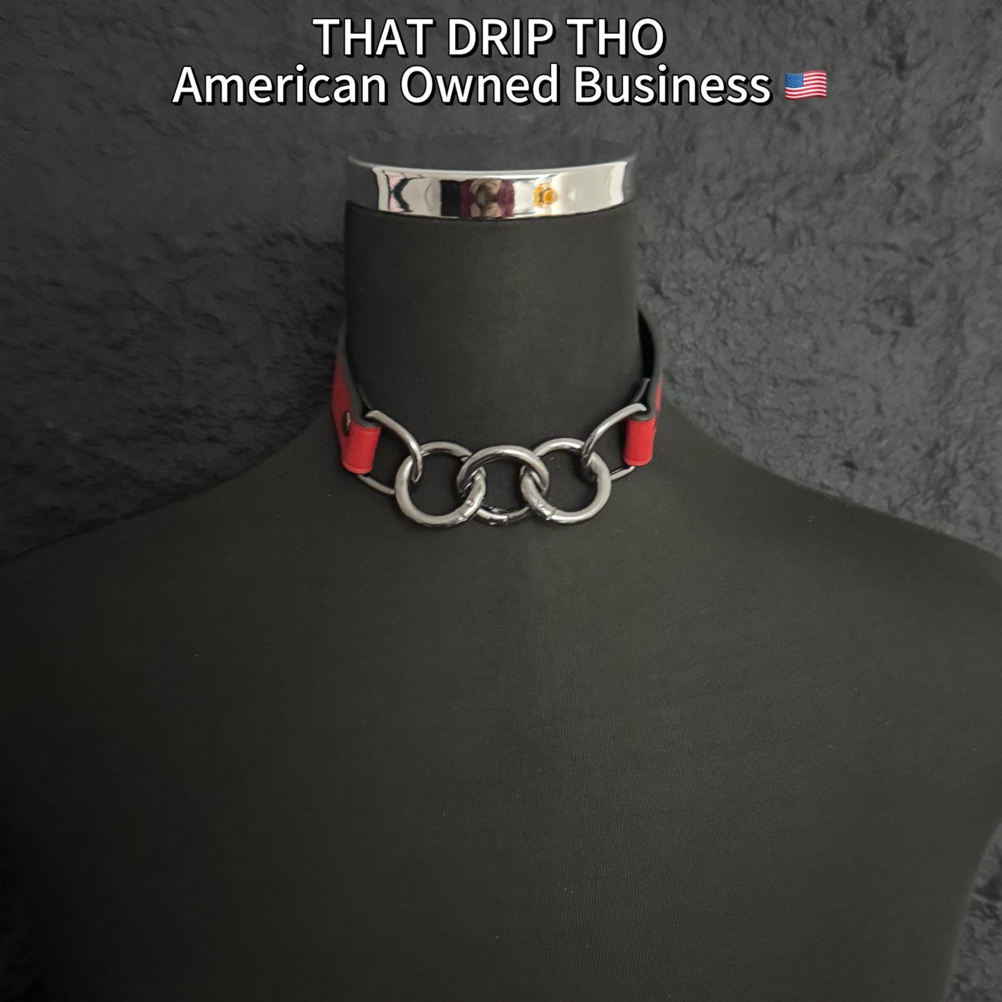 Luxe Chain (Versatile Leather Choker with Rings)( Red Leather Black Chain)