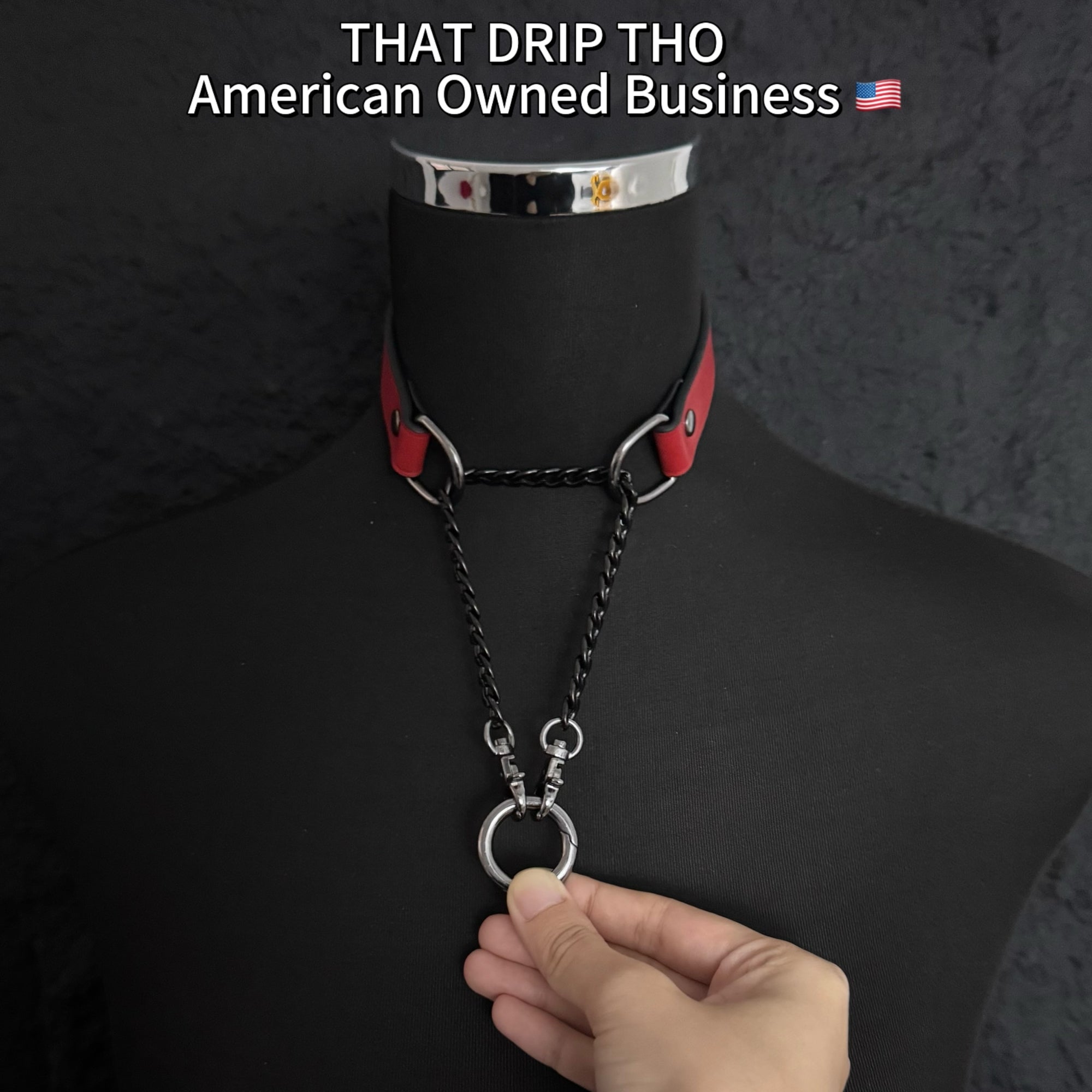 Luxe Chain (Versatile Leather Choker with Rings)( Red Leather Black Chain)