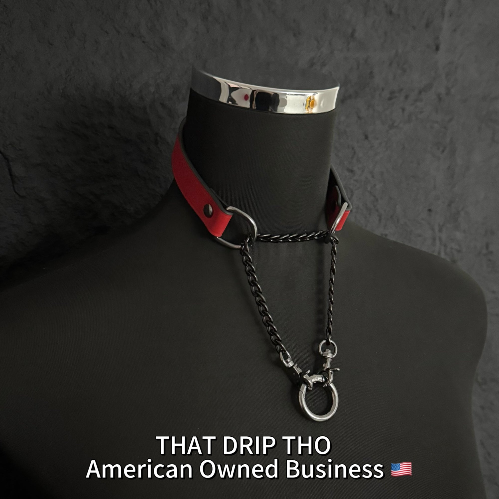 Luxe Chain (Versatile Leather Choker with Rings)( Red Leather Black Chain)