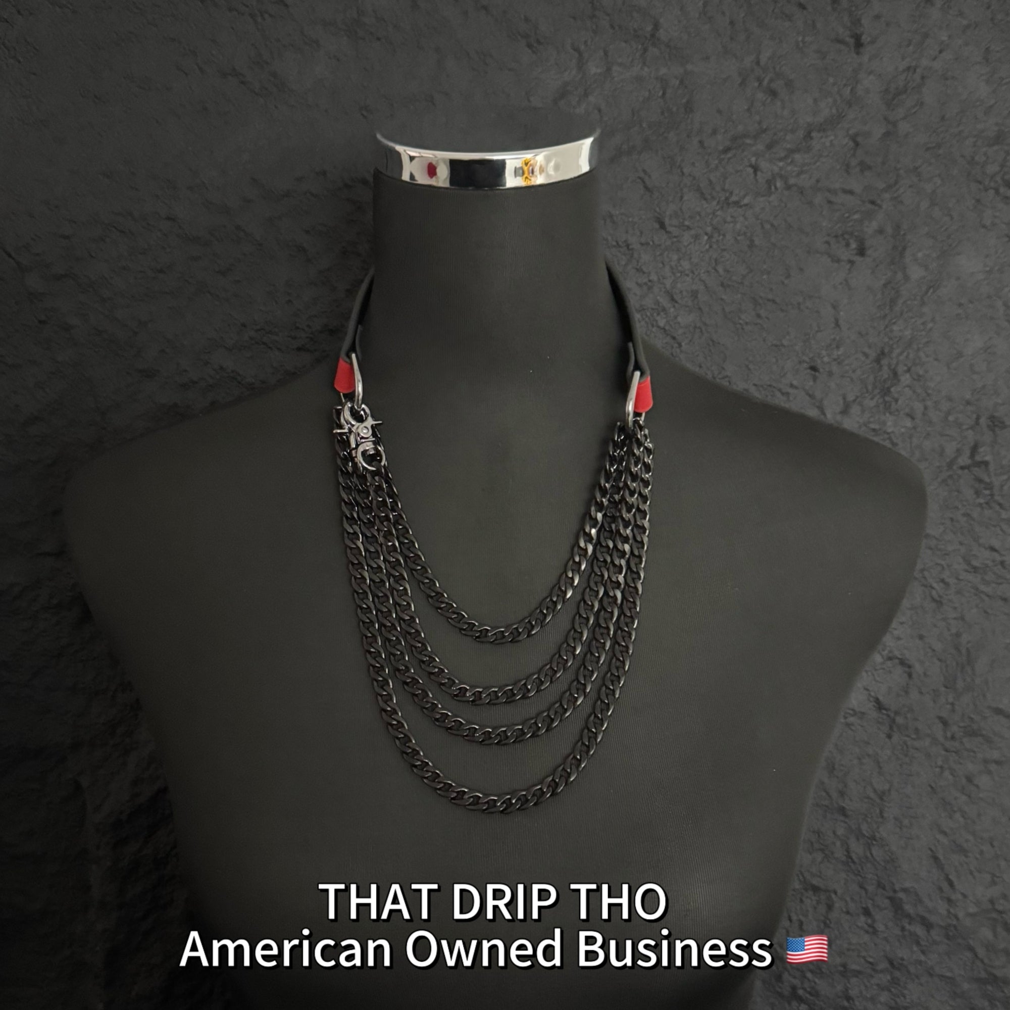 Luxe Chain (Versatile Leather Choker with Rings)( Red Leather Black Chain)