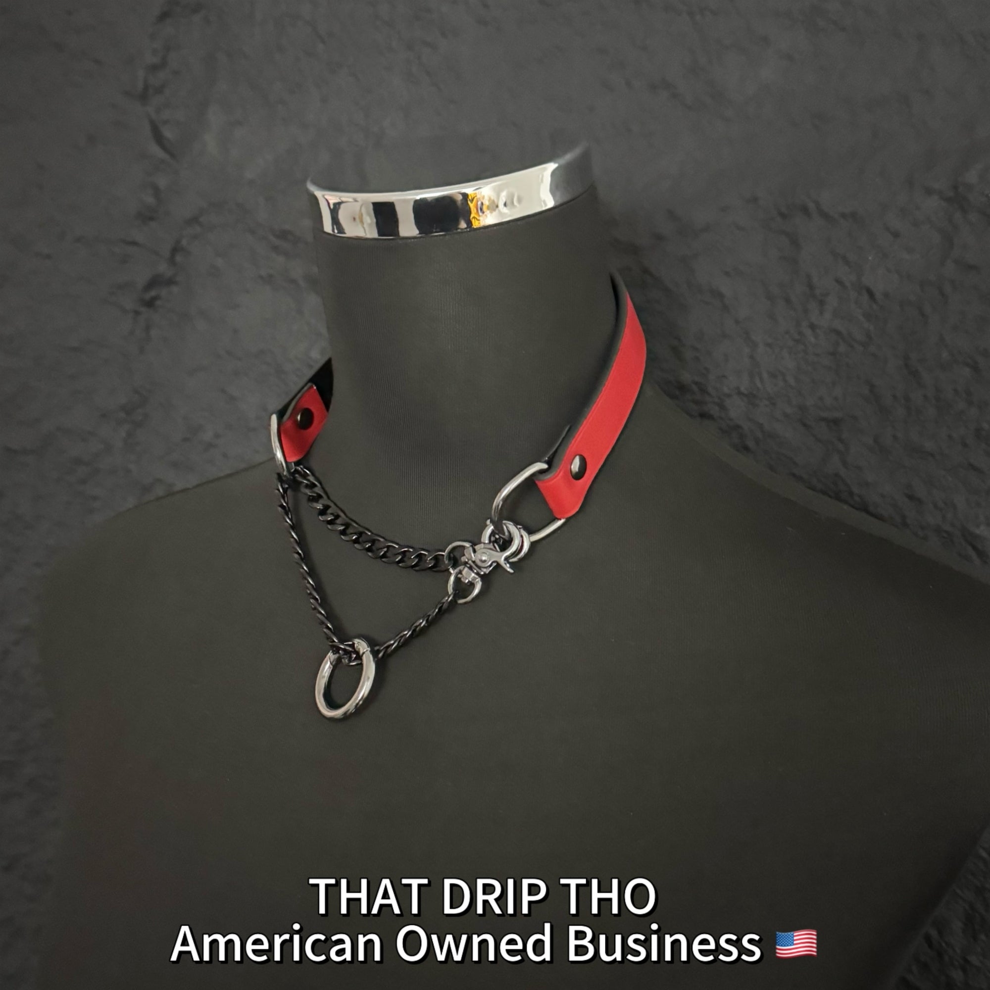 Luxe Chain (Versatile Leather Choker with Rings)( Red Leather Black Chain)