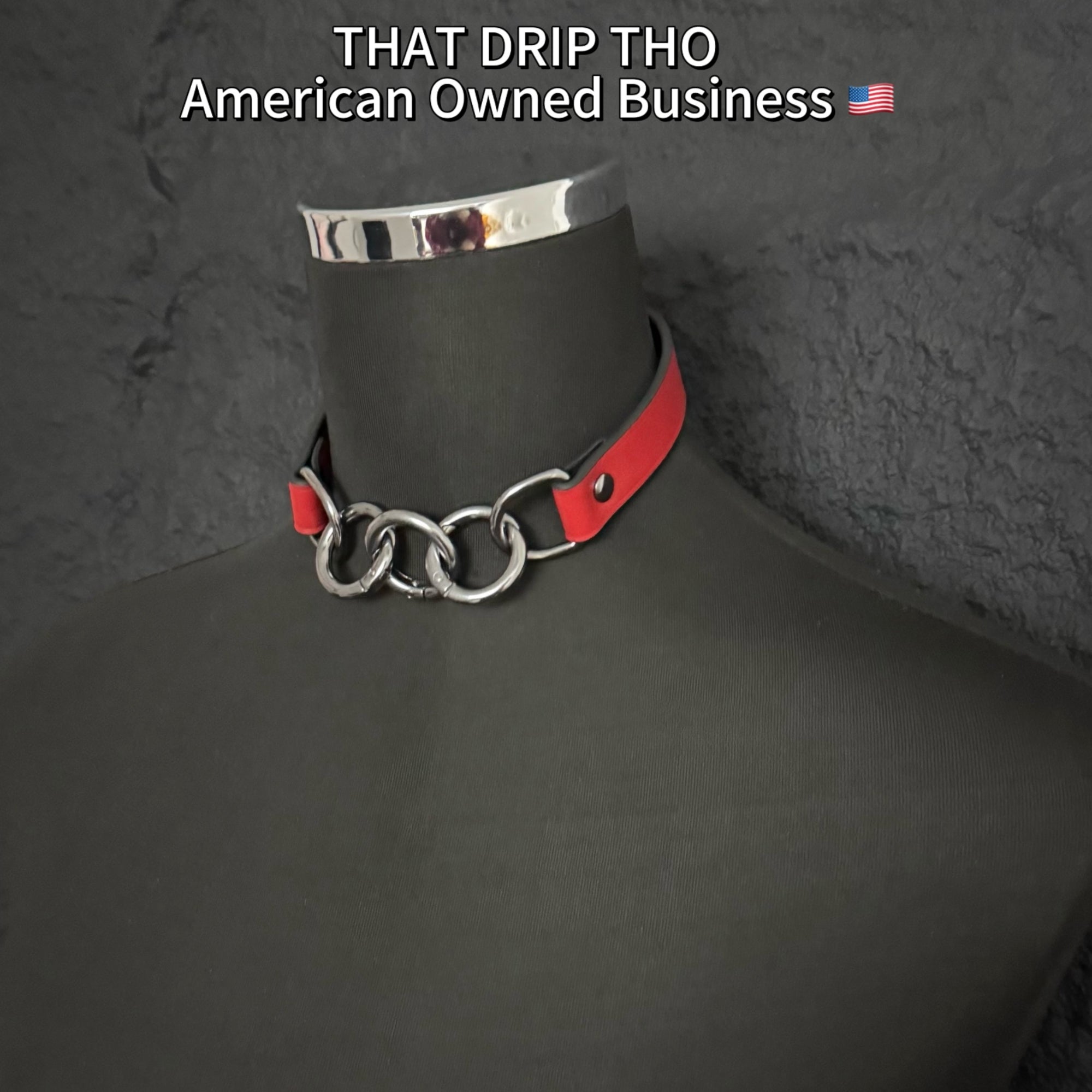 Luxe Chain (Versatile Leather Choker with Rings)( Red Leather Black Chain)