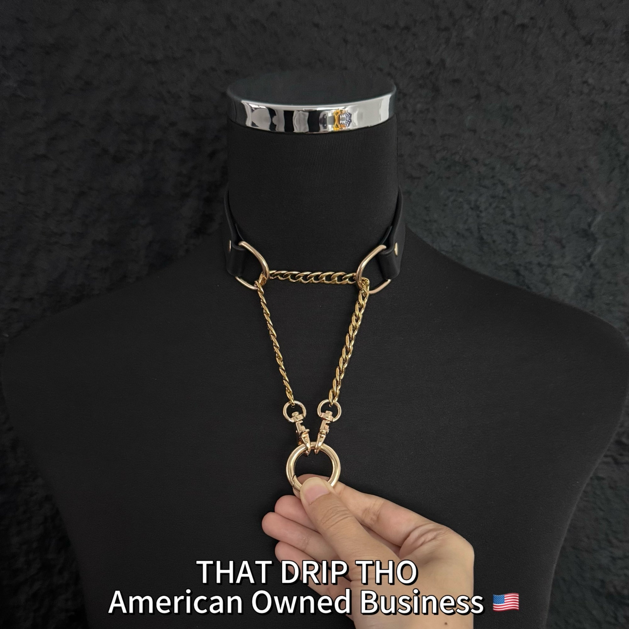 Luxe Chain (Versatile Leather Choker with Rings)( Black Leather Gold Chain)