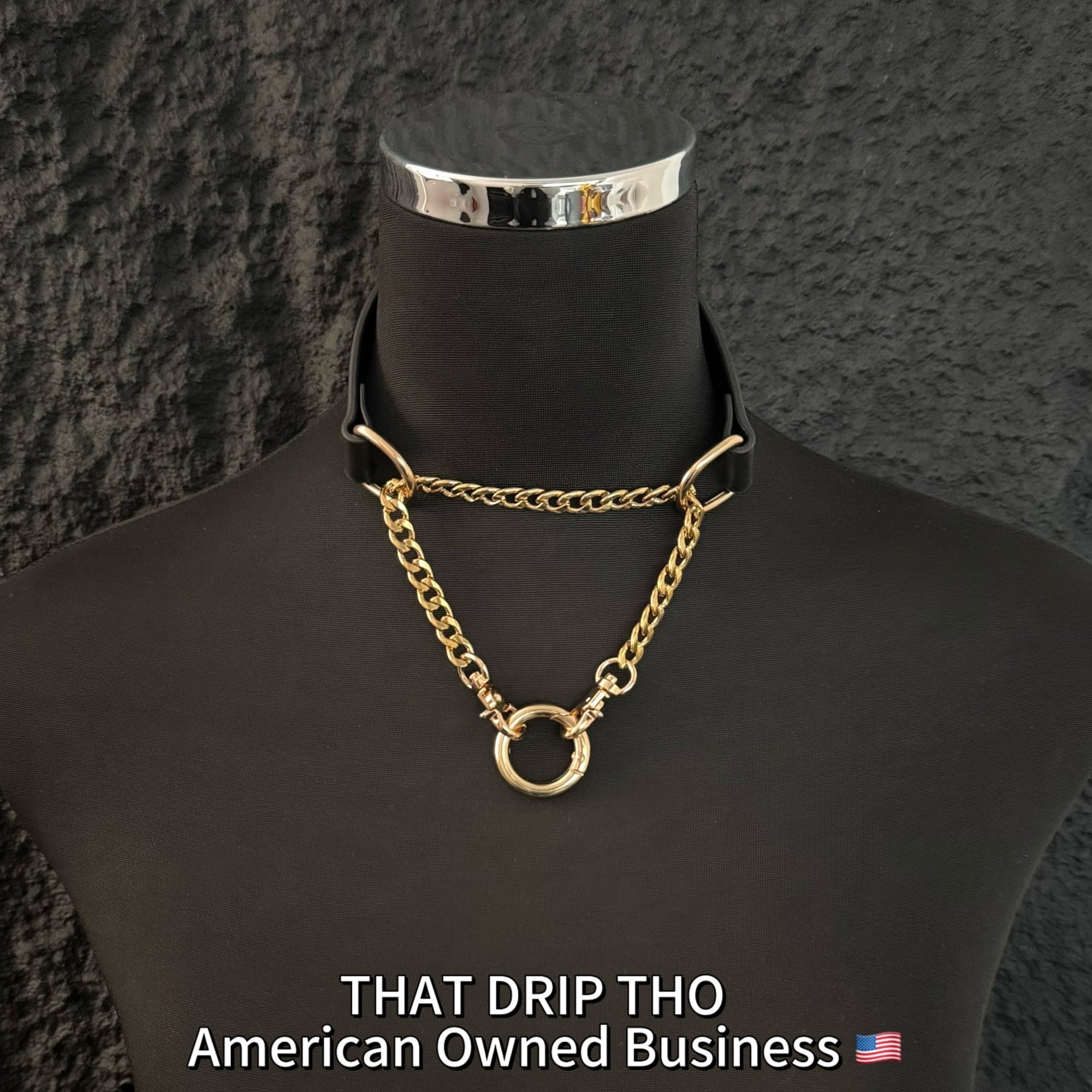 Luxe Chain (Versatile Leather Choker with Rings)( Black Leather Gold Chain)