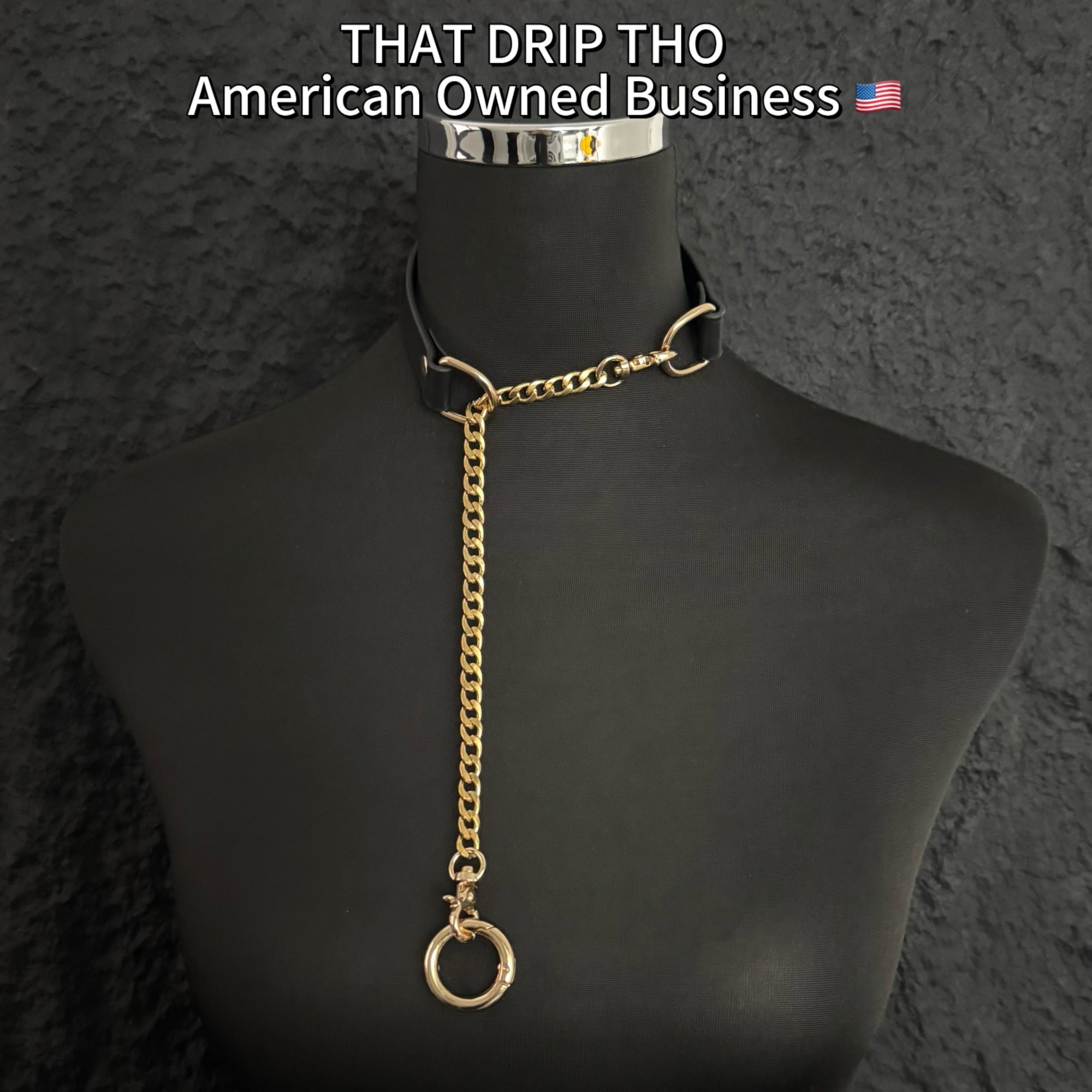 Luxe Chain (Versatile Leather Choker with Rings)( Black Leather Gold Chain)