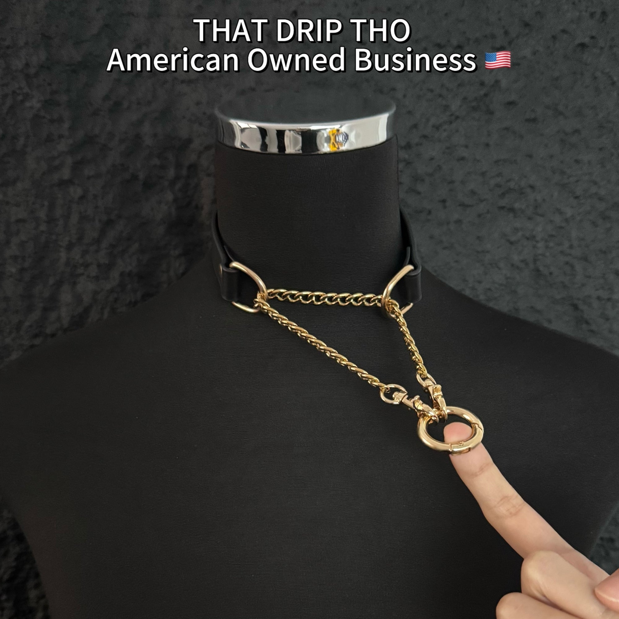 Luxe Chain (Versatile Leather Choker with Rings)( Black Leather Gold Chain)