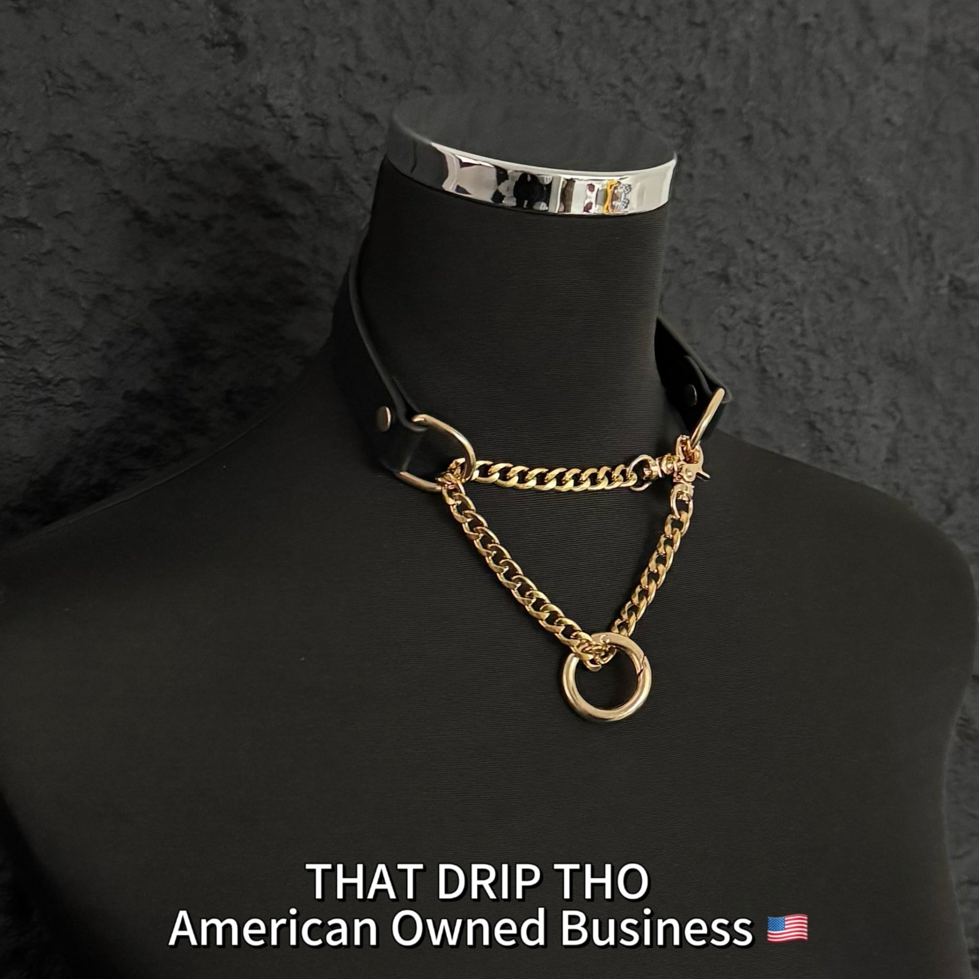 Luxe Chain (Versatile Leather Choker with Rings)( Black Leather Gold Chain)