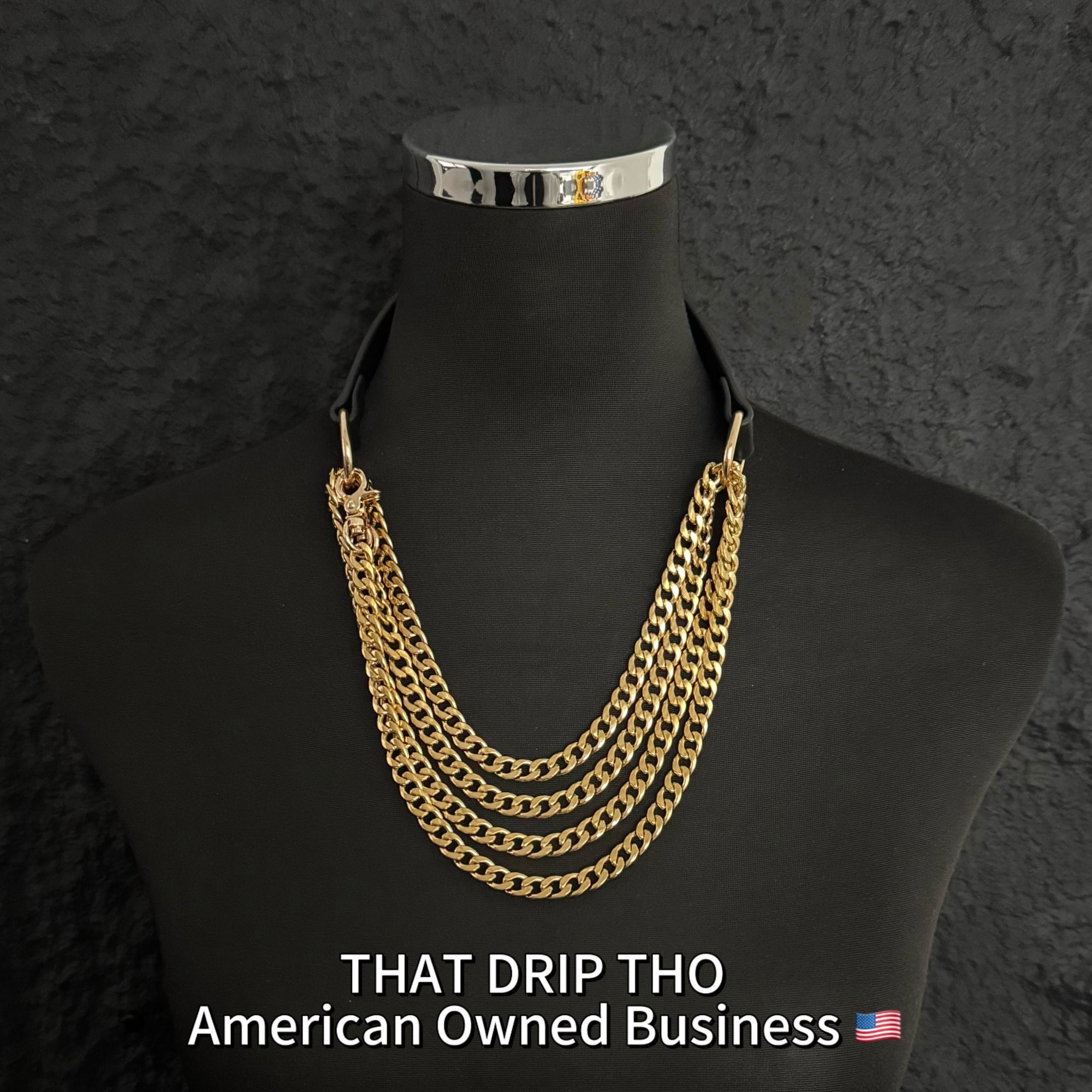 Luxe Chain (Versatile Leather Choker with Rings)( Black Leather Gold Chain)