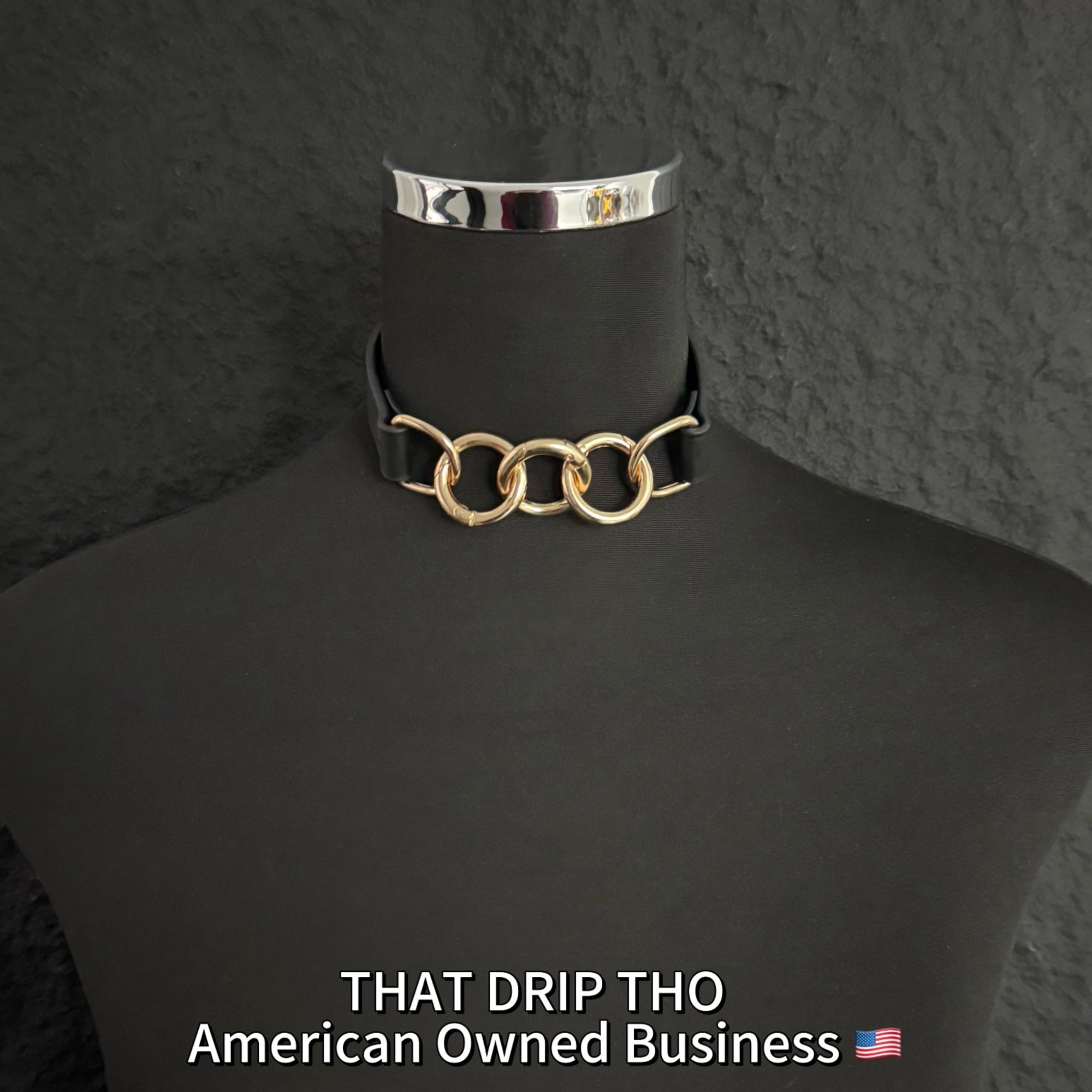 Luxe Chain (Versatile Leather Choker with Rings)( Black Leather Gold Chain)