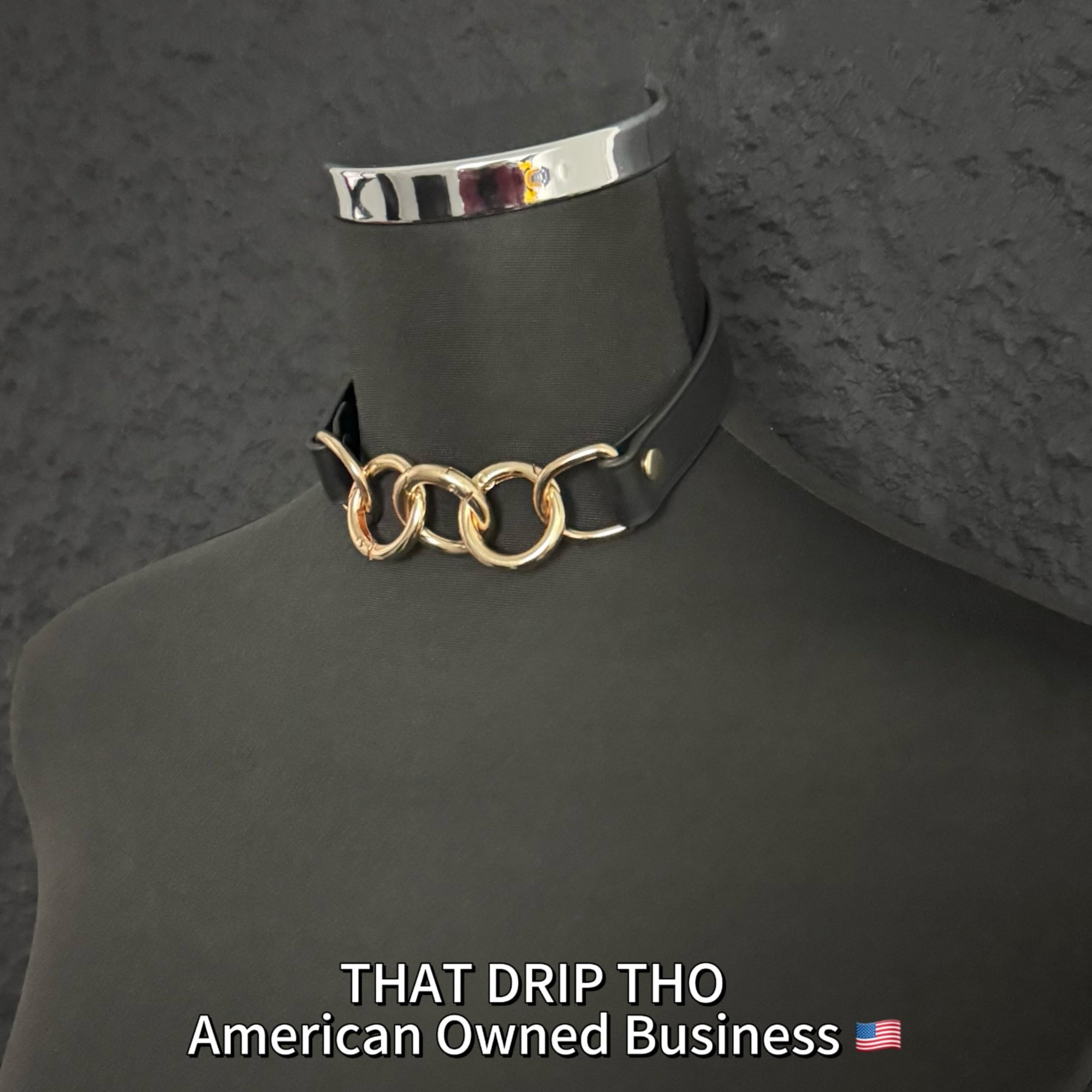 Luxe Chain (Versatile Leather Choker with Rings)( Black Leather Gold Chain)