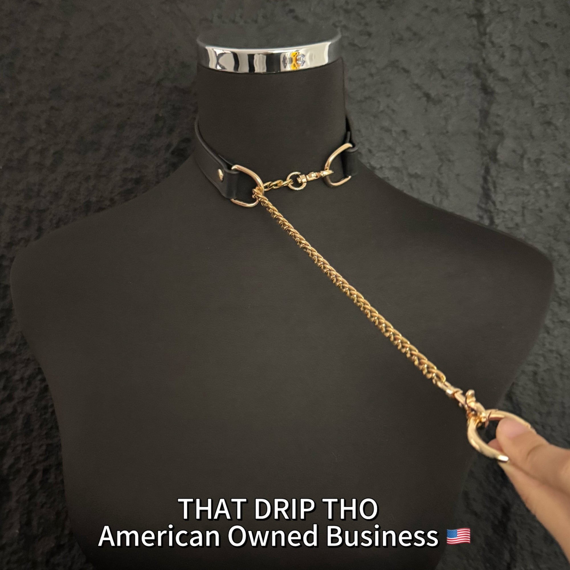 Luxe Chain (Versatile Leather Choker with Rings)( Black Leather Gold Chain)
