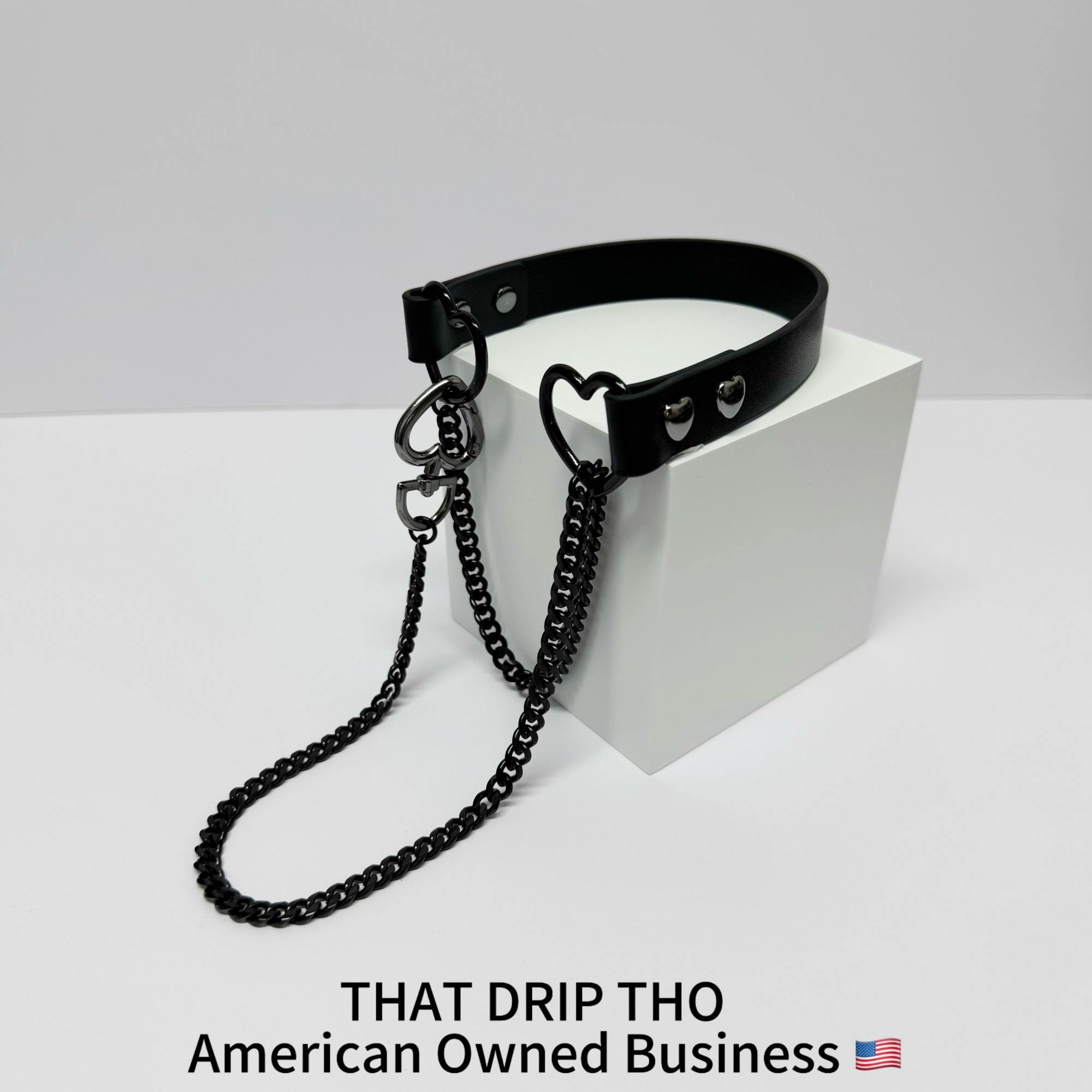 Luxe Chain (Fashion Layered Chain Leather Choker Necklace) (Premium Jet Black Leather-Black Chain with Heart)
