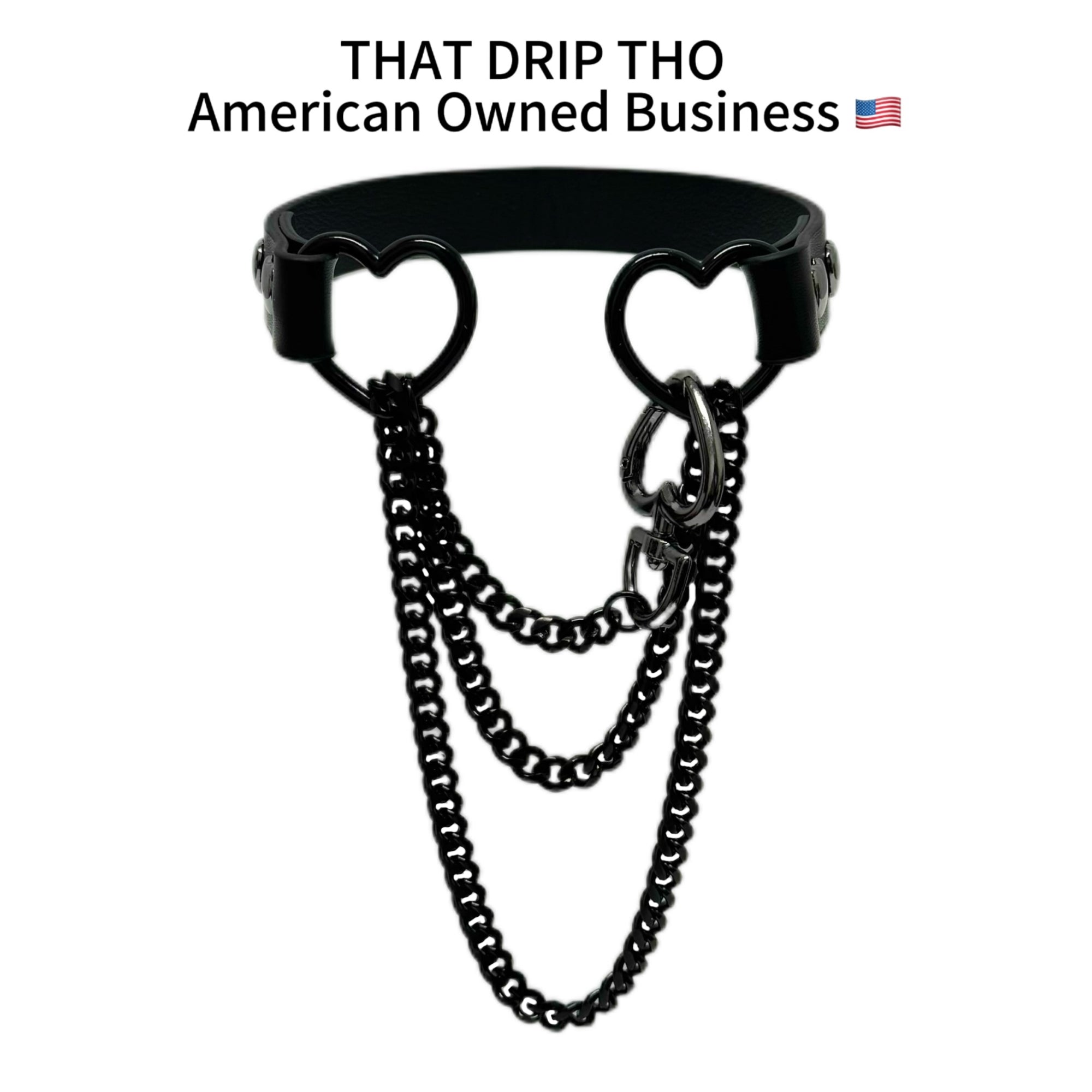 Luxe Chain (Fashion Layered Chain Leather Choker Necklace) (Premium Jet Black Leather-Black Chain with Heart)