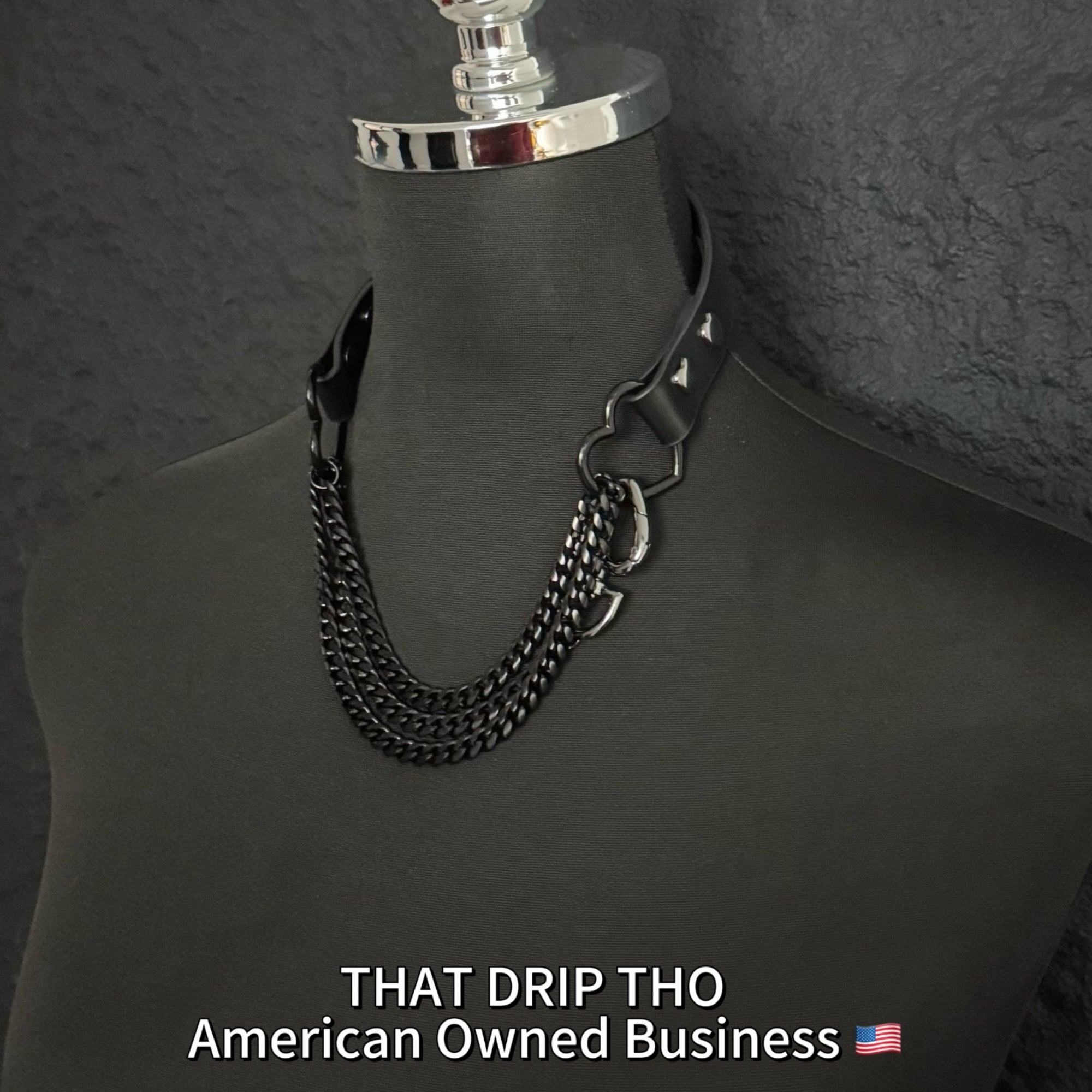 Luxe Chain (Fashion Layered Chain Leather Choker Necklace) (Premium Jet Black Leather-Black Chain with Heart)