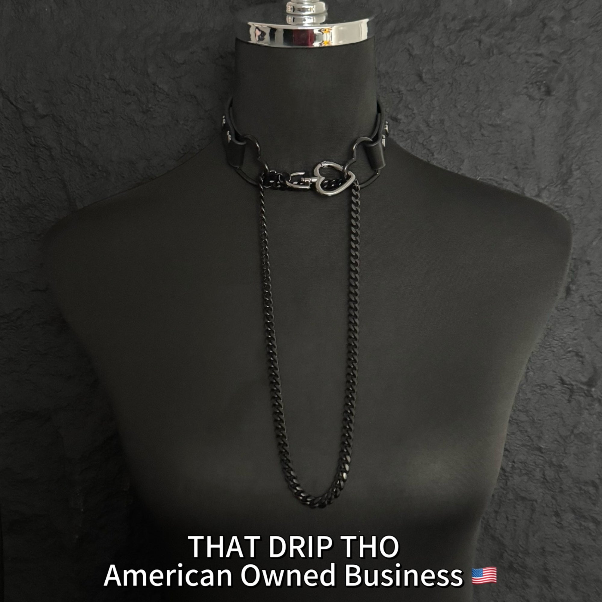 Luxe Chain (Fashion Layered Chain Leather Choker Necklace) (Premium Jet Black Leather-Black Chain with Heart)