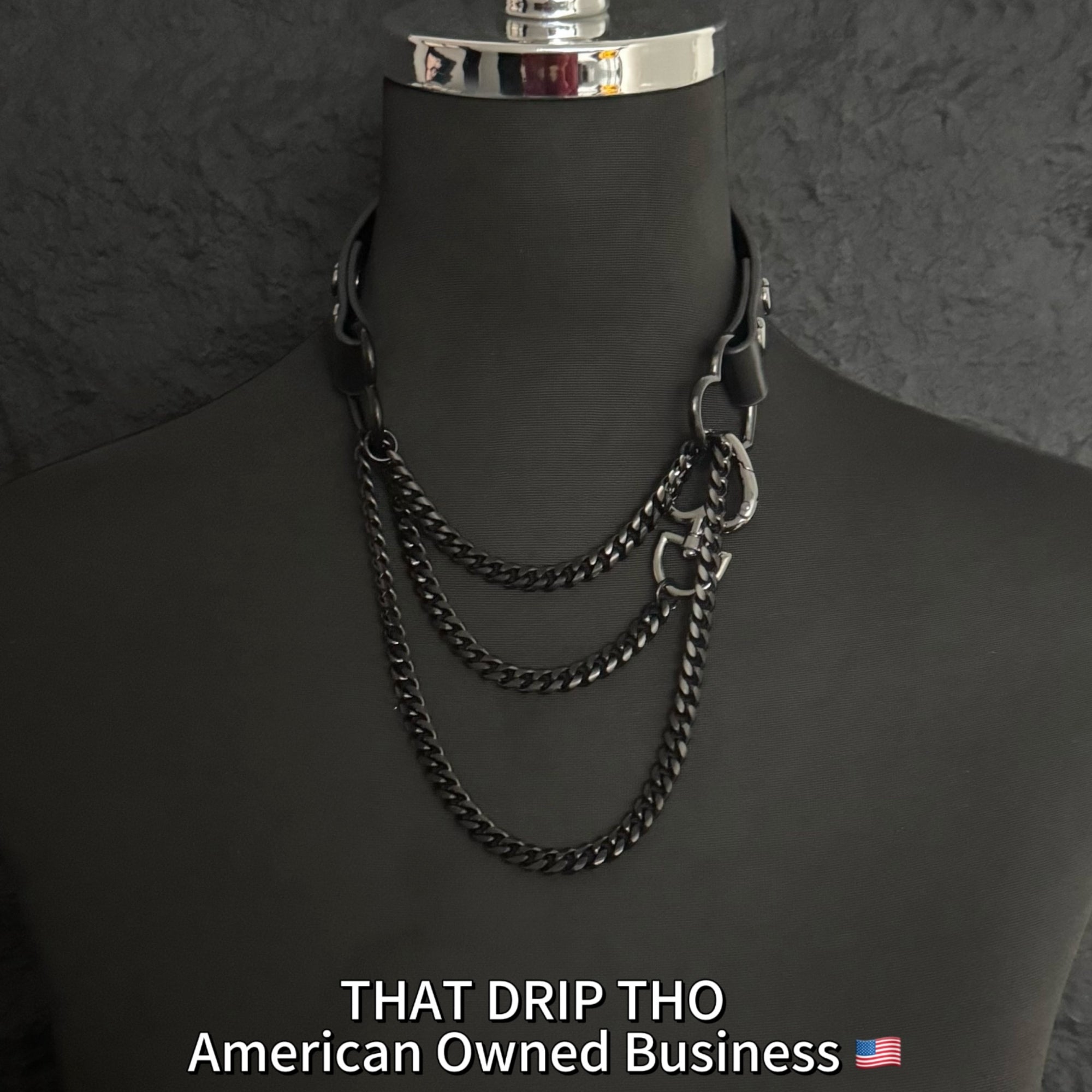 Luxe Chain (Fashion Layered Chain Leather Choker Necklace) (Premium Jet Black Leather-Black Chain with Heart)