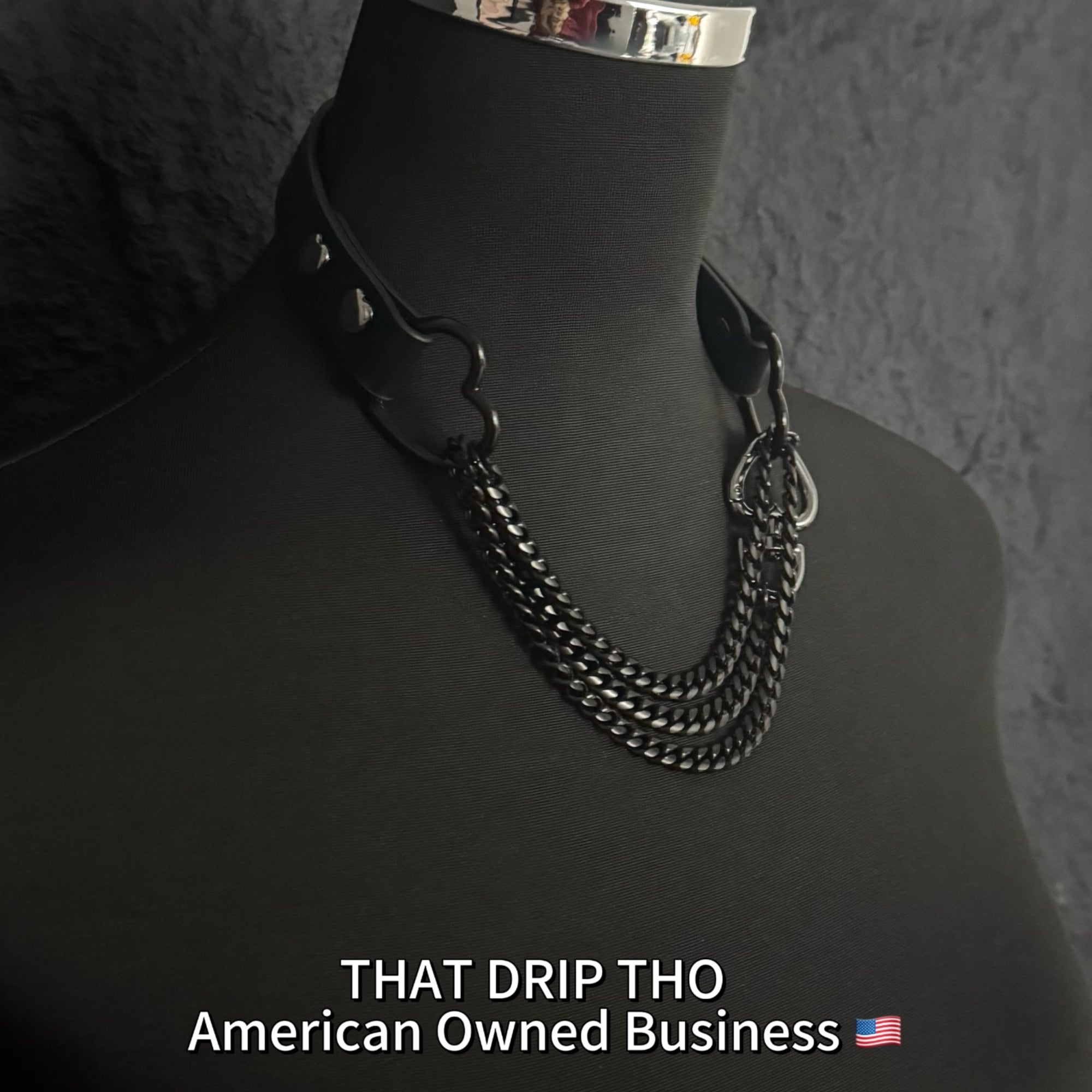 Luxe Chain (Fashion Layered Chain Leather Choker Necklace) (Premium Jet Black Leather-Black Chain with Heart)