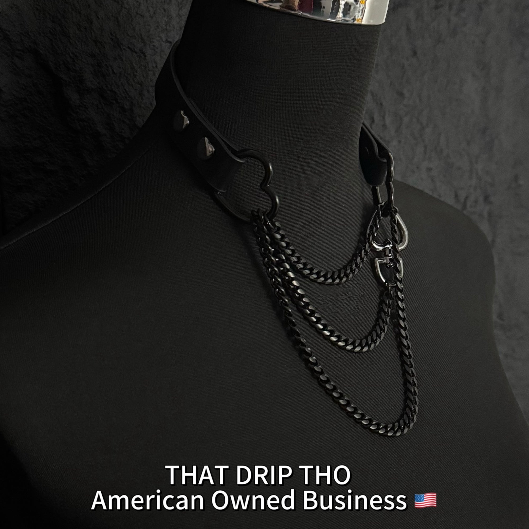 Luxe Chain (Fashion Layered Chain Leather Choker Necklace) (Premium Jet Black Leather-Black Chain with Heart)