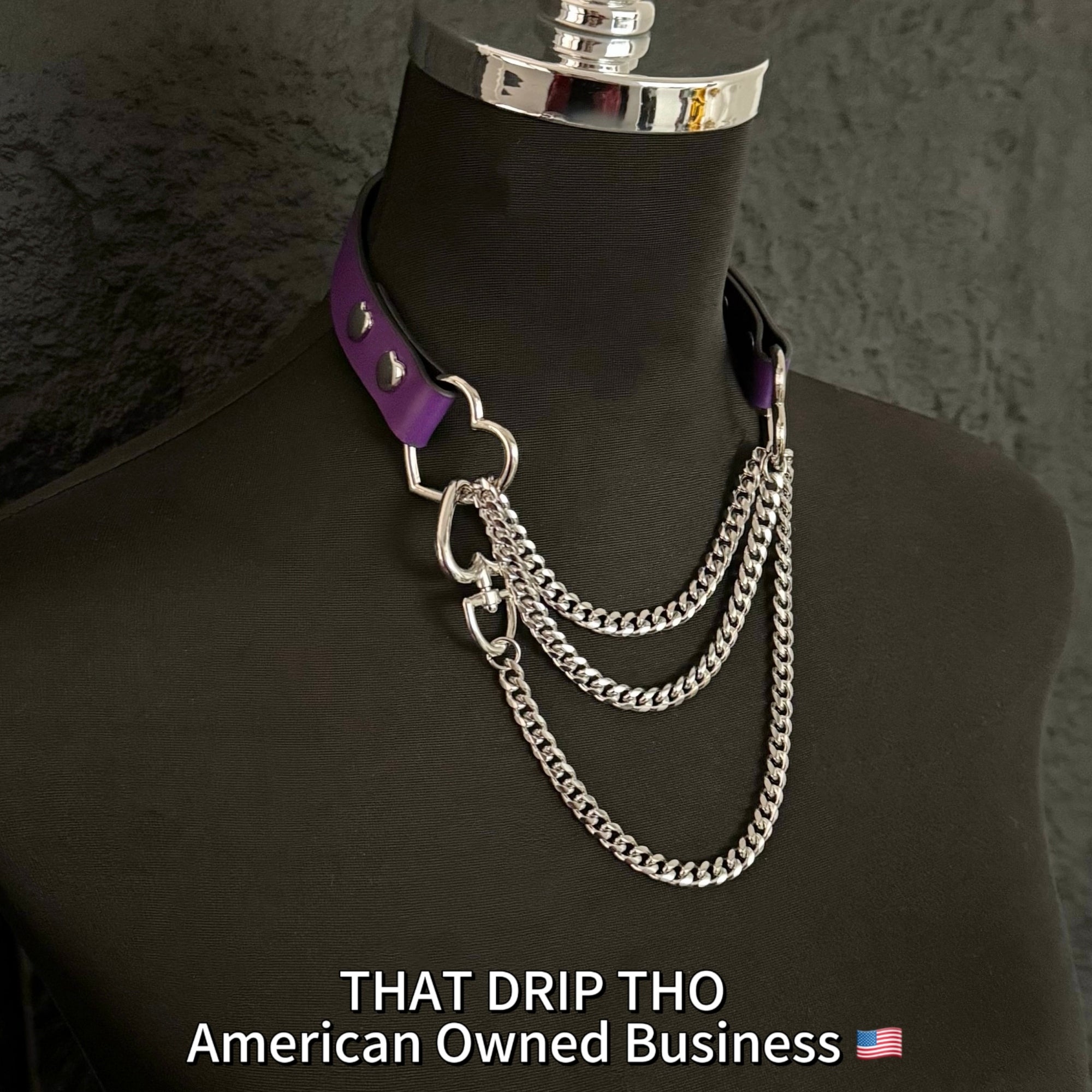 Luxe Chain (Fashion Layered Chain Leather Choker Necklace) (Purple Leather-Silver Chain with Heart)
