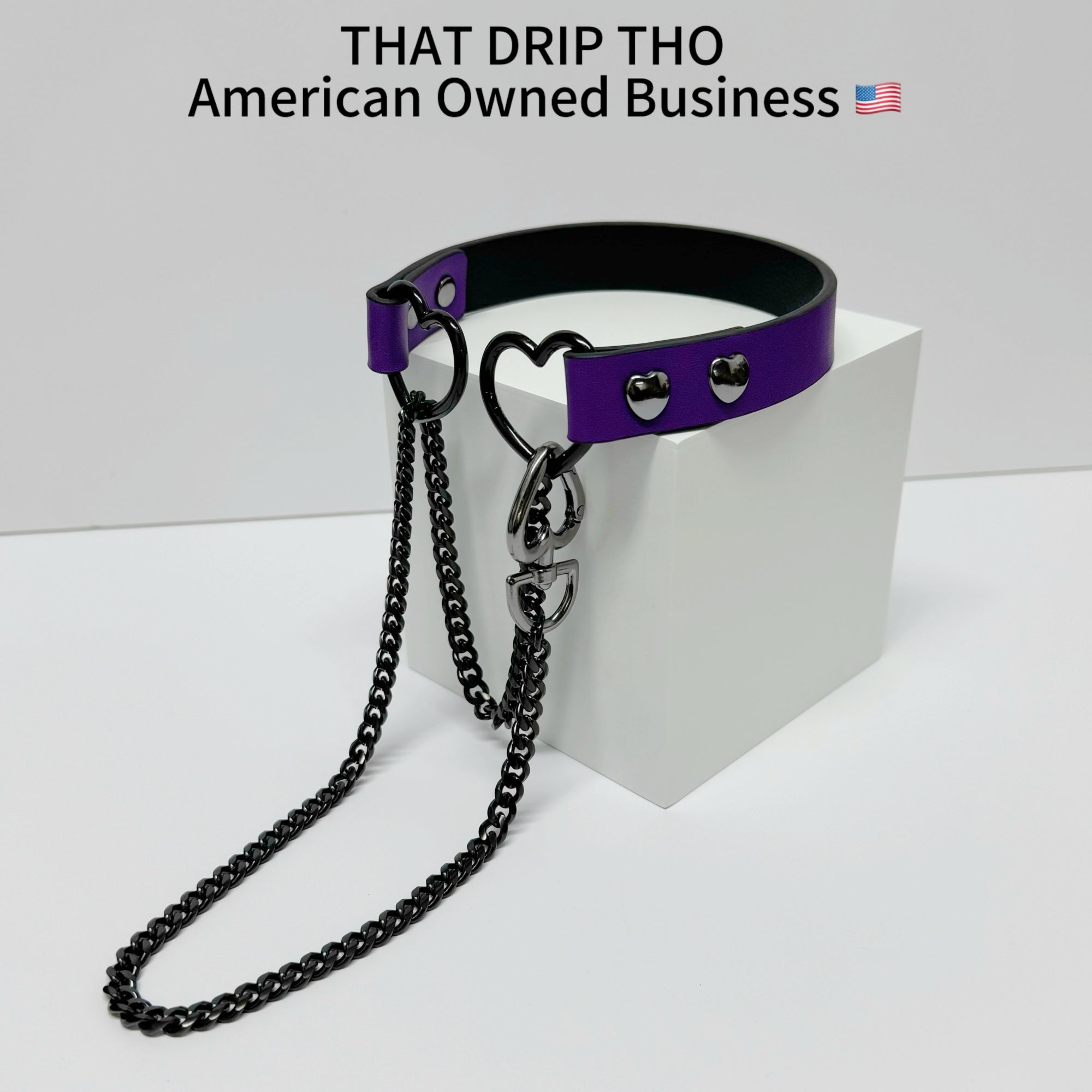 Luxe Chain (Fashion Layered Chain Leather Choker Necklace) (Purple Leather-Black Chain with Heart)