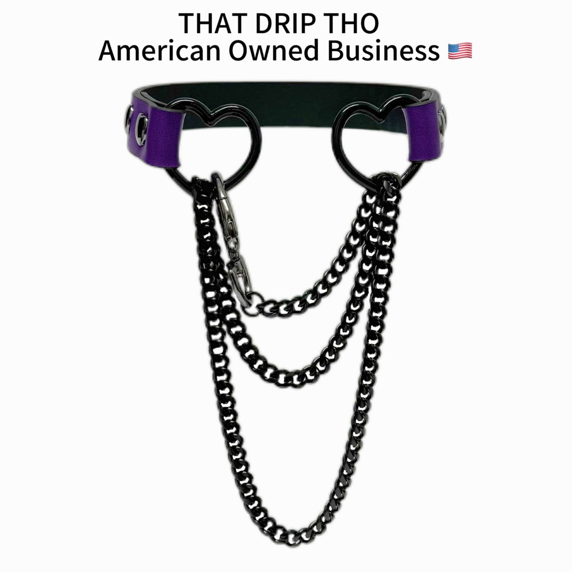 Luxe Chain (Fashion Layered Chain Leather Choker Necklace) (Purple Leather-Black Chain with Heart)