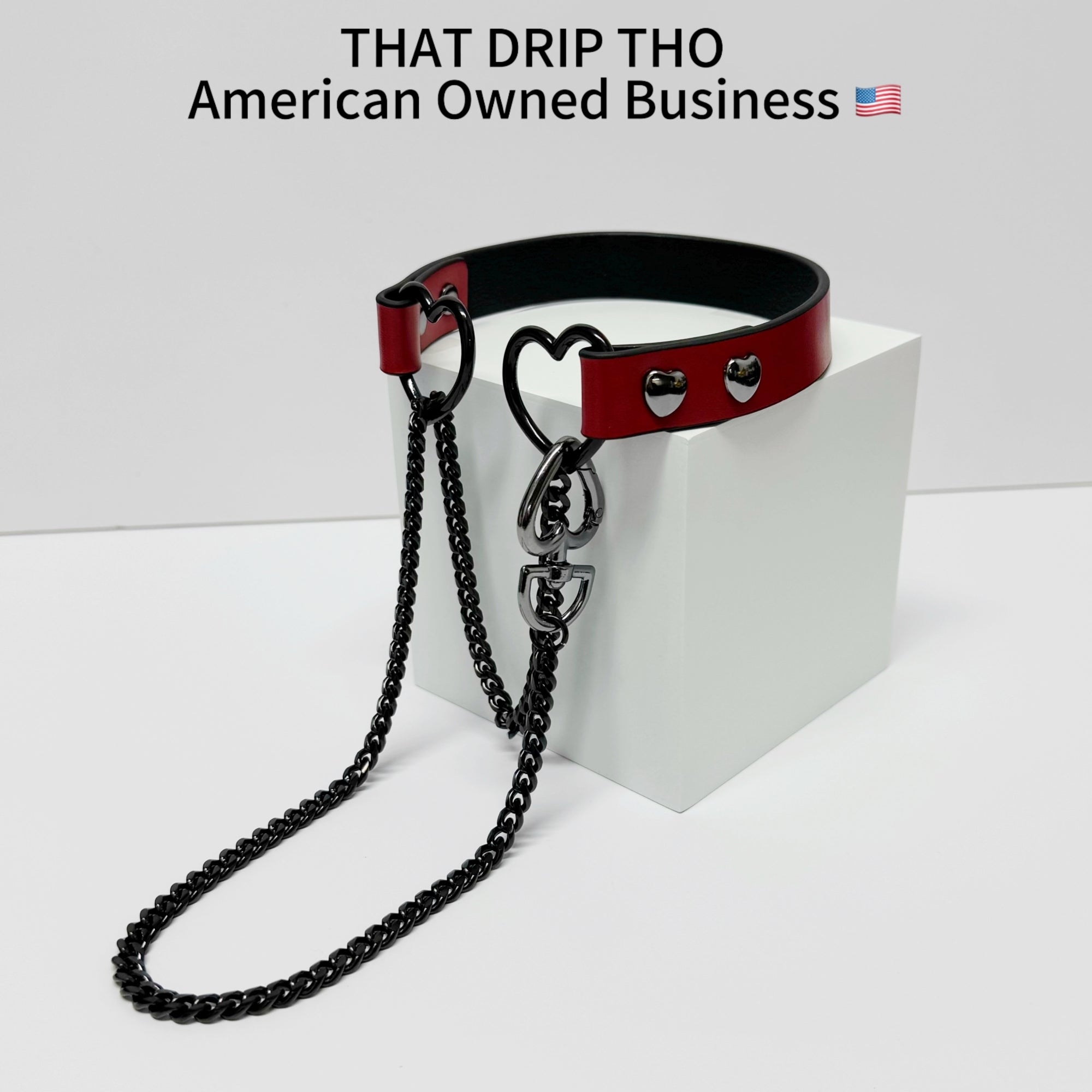 Luxe Chain (Fashion Layered Chain Leather Choker Necklace) (Lucky Red Leather-Black Chain with Heart)