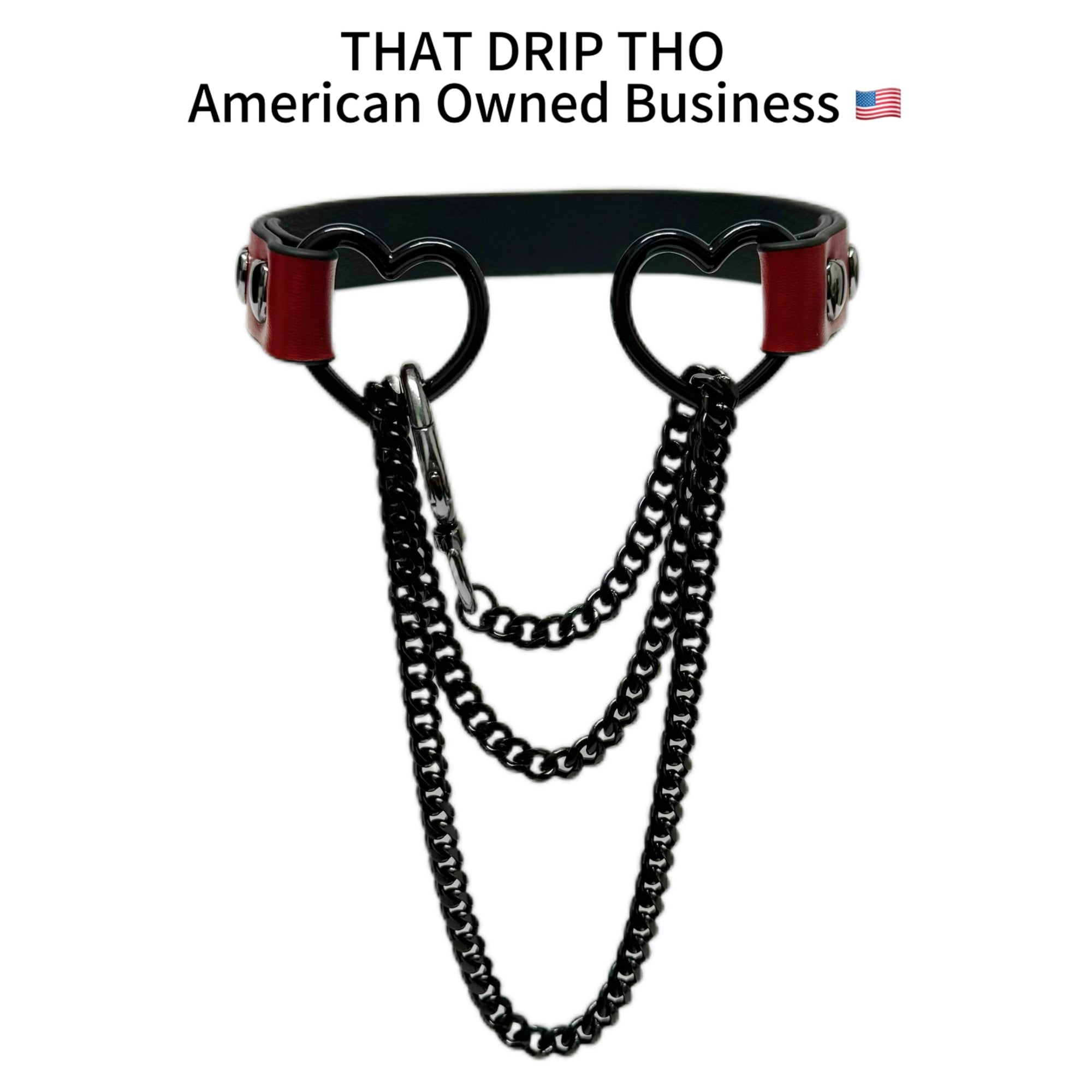 Luxe Chain (Fashion Layered Chain Leather Choker Necklace) (Lucky Red Leather-Black Chain with Heart)