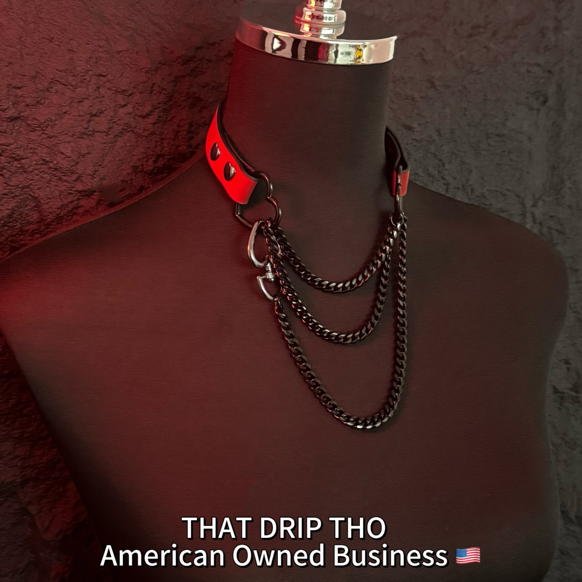 Luxe Chain (Fashion Layered Chain Leather Choker Necklace) (Lucky Red Leather-Black Chain with Heart)