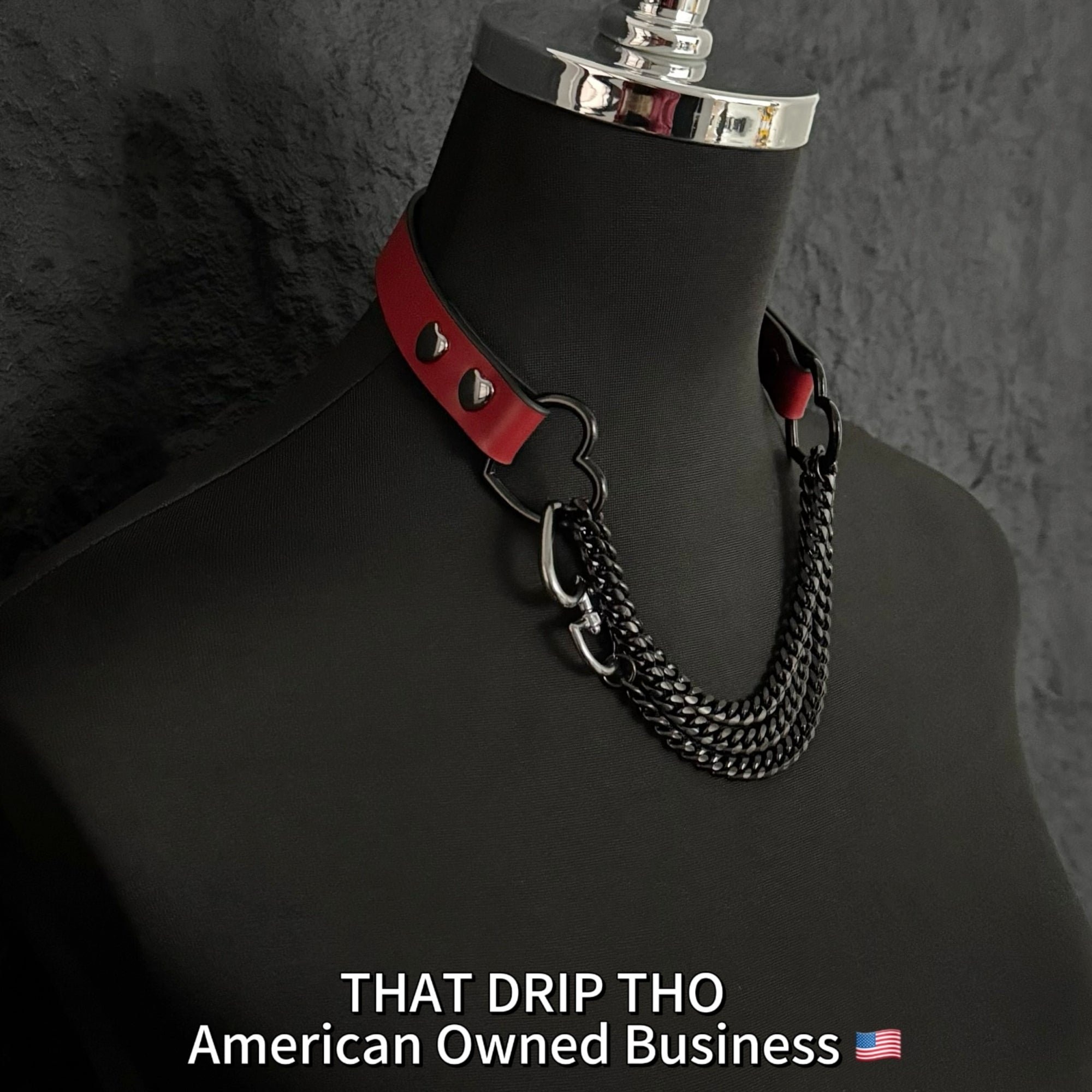 Luxe Chain (Fashion Layered Chain Leather Choker Necklace) (Lucky Red Leather-Black Chain with Heart)