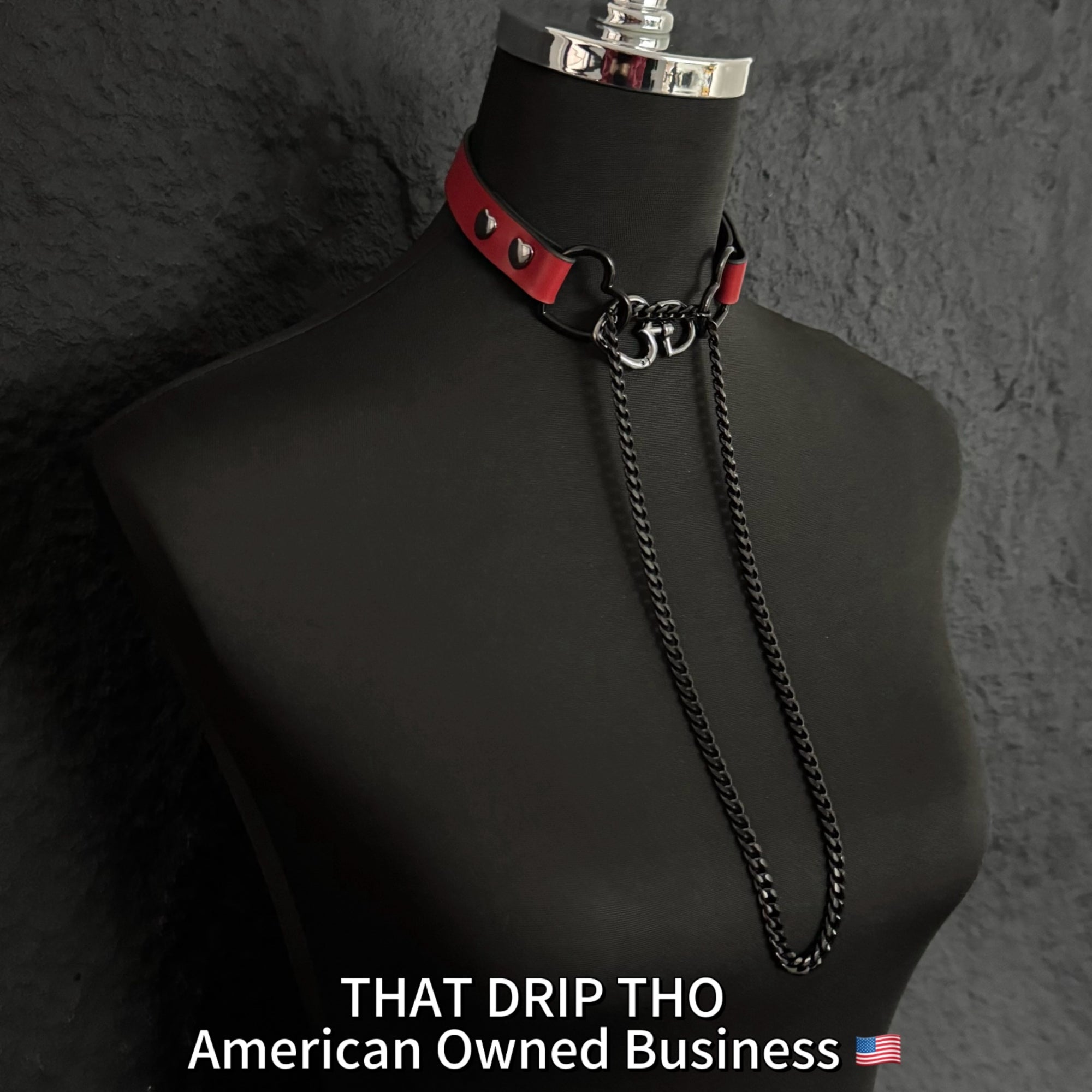 Luxe Chain (Fashion Layered Chain Leather Choker Necklace) (Lucky Red Leather-Black Chain with Heart)