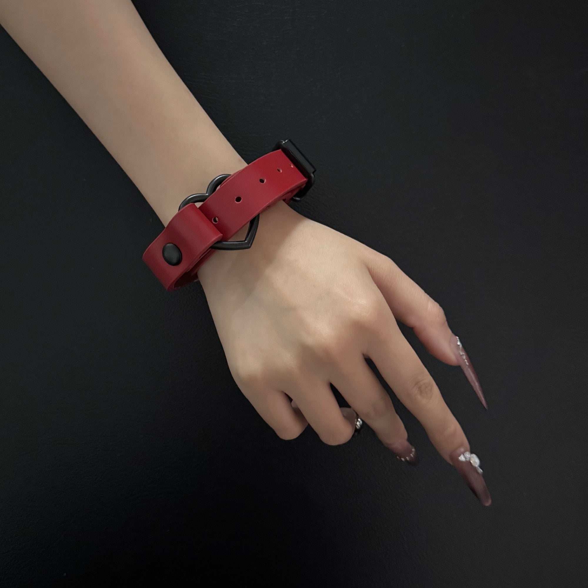 Luxe Chain( 3 in 1 Convertible Leather Bracelet, Handcuffs & Choker Necklace) ( Red Leather with Heart)
