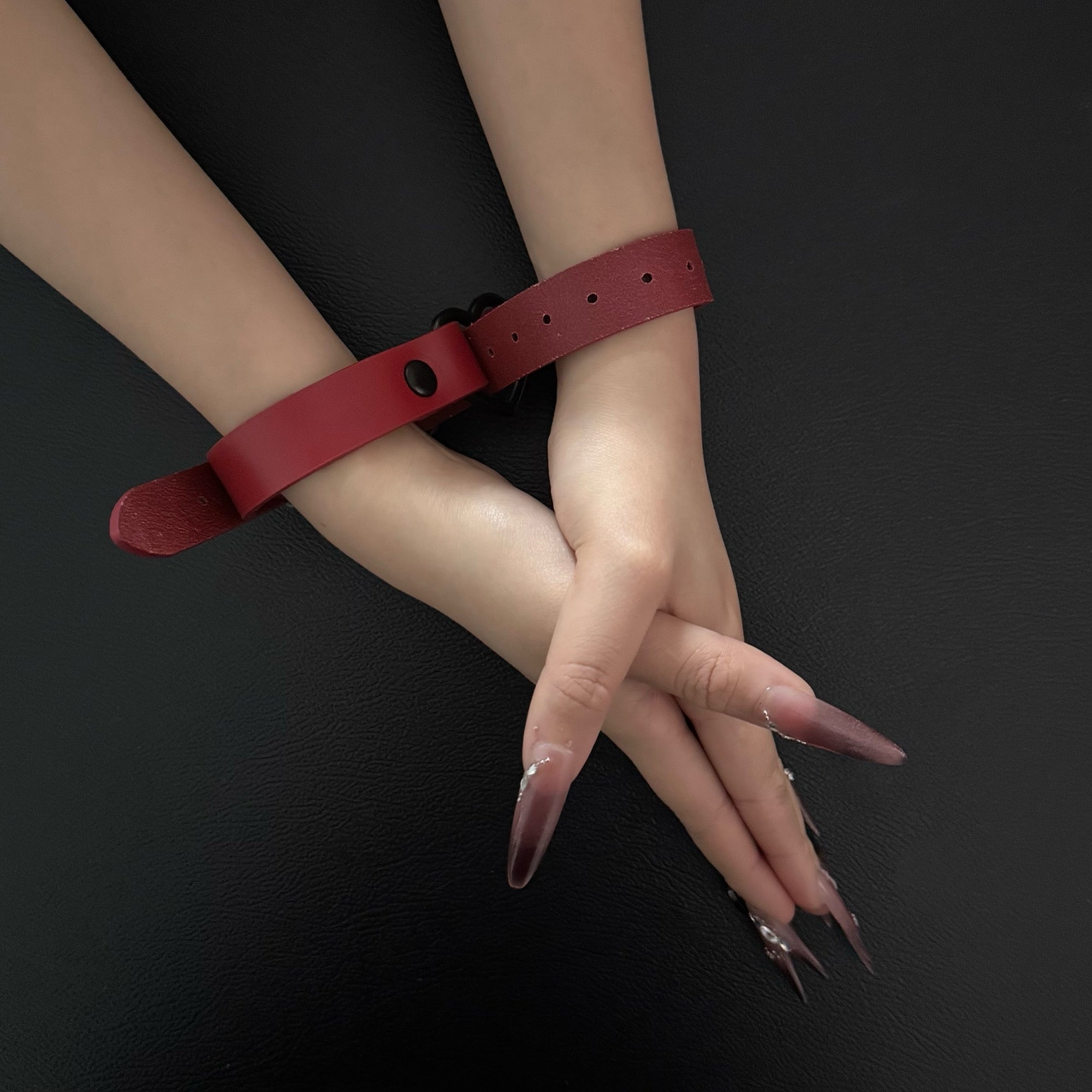 Luxe Chain( 3 in 1 Convertible Leather Bracelet, Handcuffs & Choker Necklace) ( Red Leather with Heart)