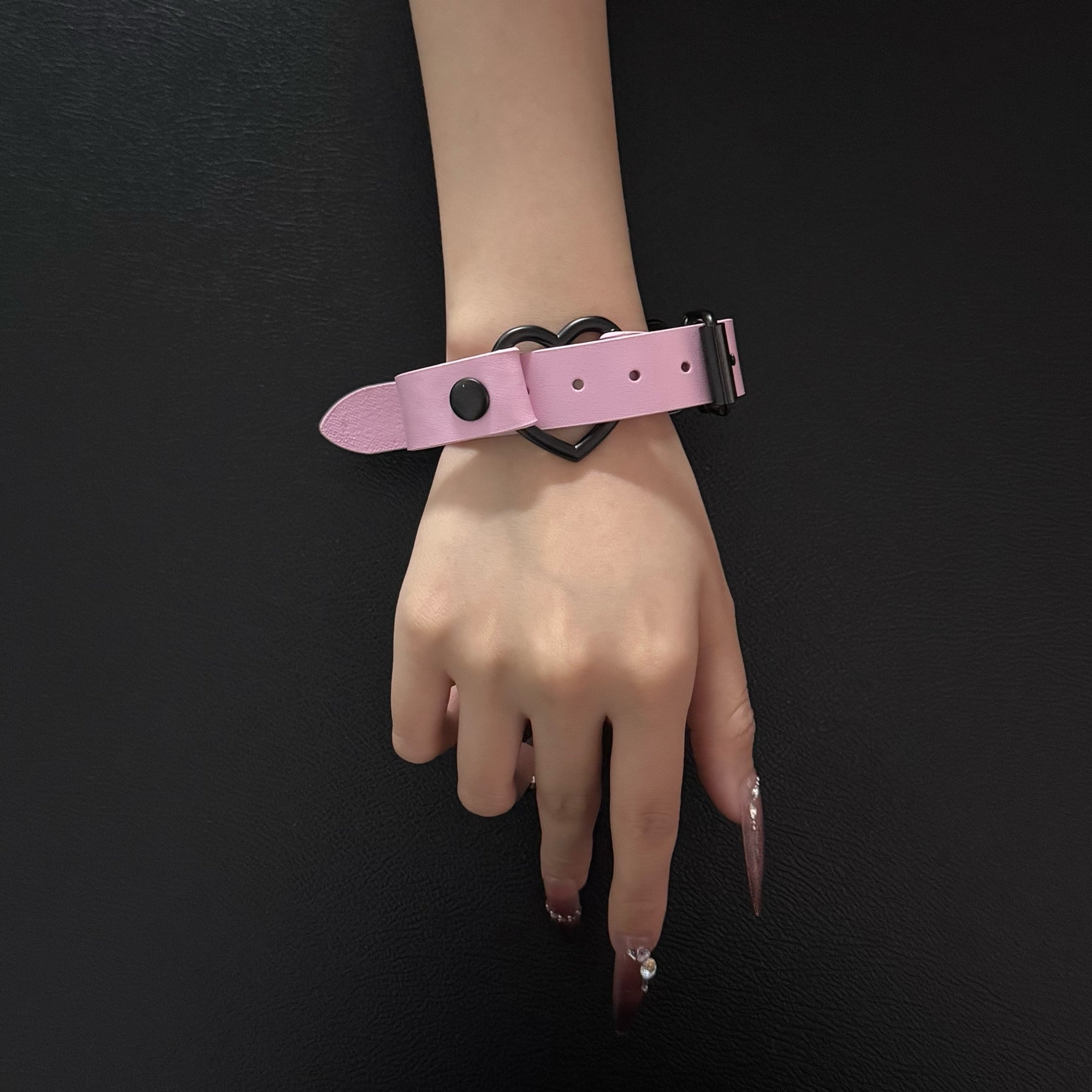 Luxe Chain( 3 in 1 Convertible Leather Bracelet, Handcuffs & Choker Necklace) ( Pink Leather with Heart)